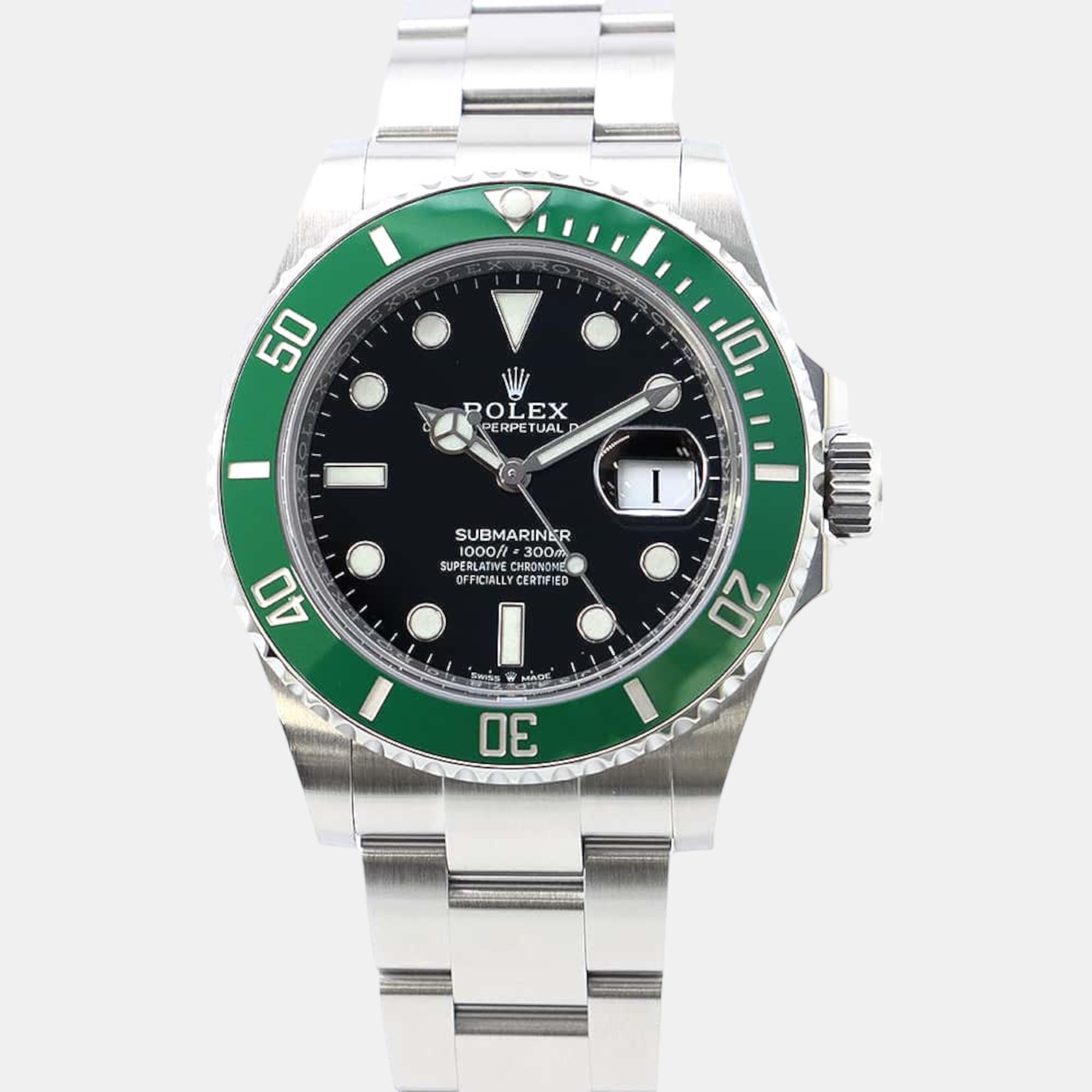 Pre-owned Rolex Black Stainless Steel Submariner Automatic Men's Wristwatch 41 Mm