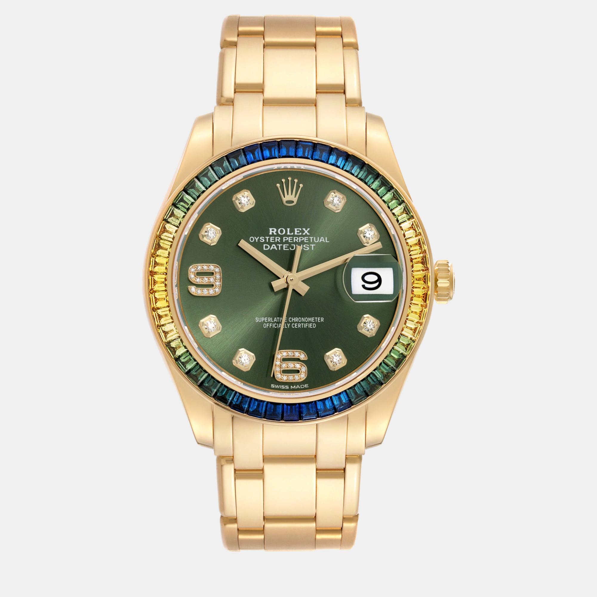 Pre-owned Rolex Pearlmaster Yellow Gold Sapphire Bezel Men's Watch 86348 39 Mm In Green