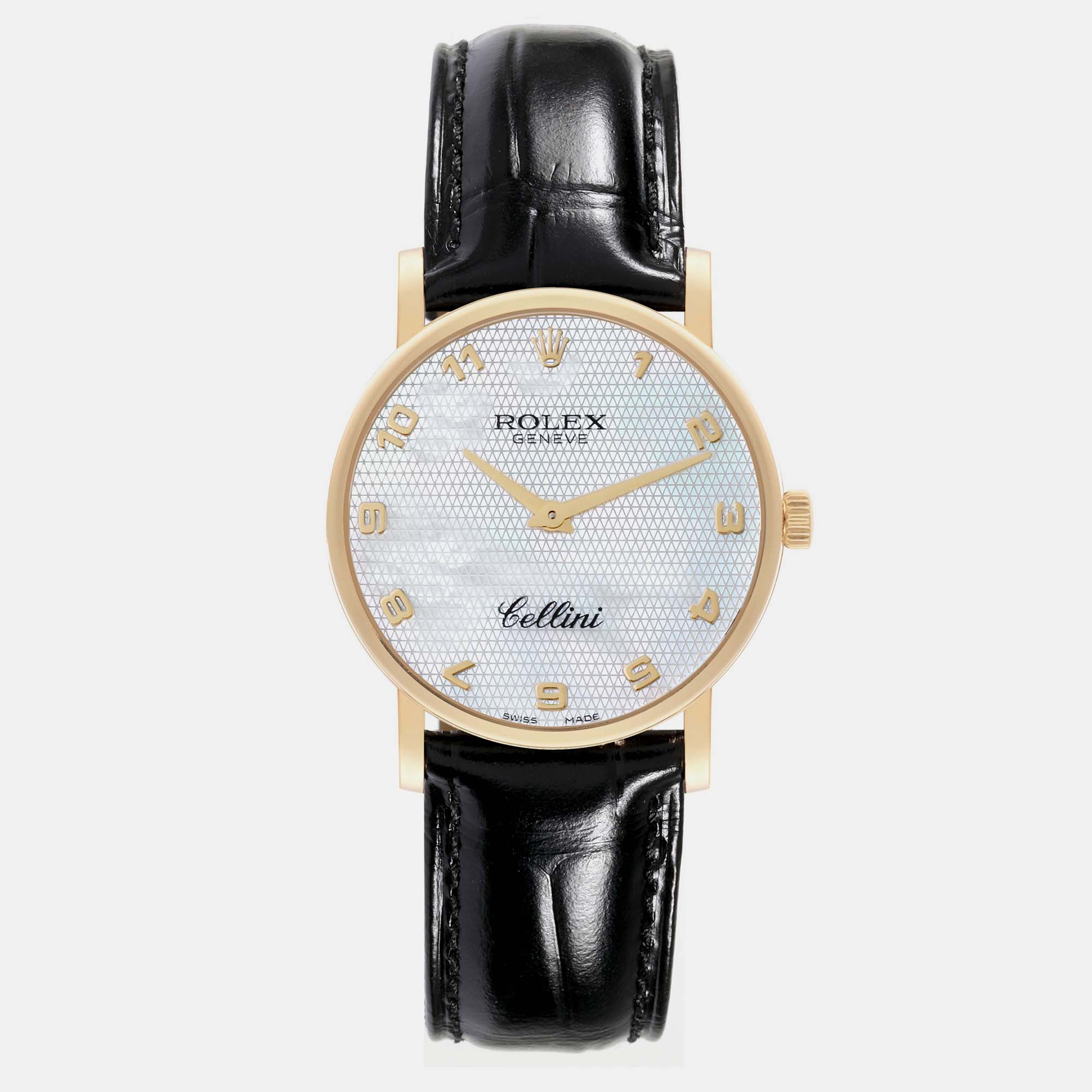 

Rolex Cellini Classic Yellow Gold Mother Of Pearl Dial Men's Watch, White