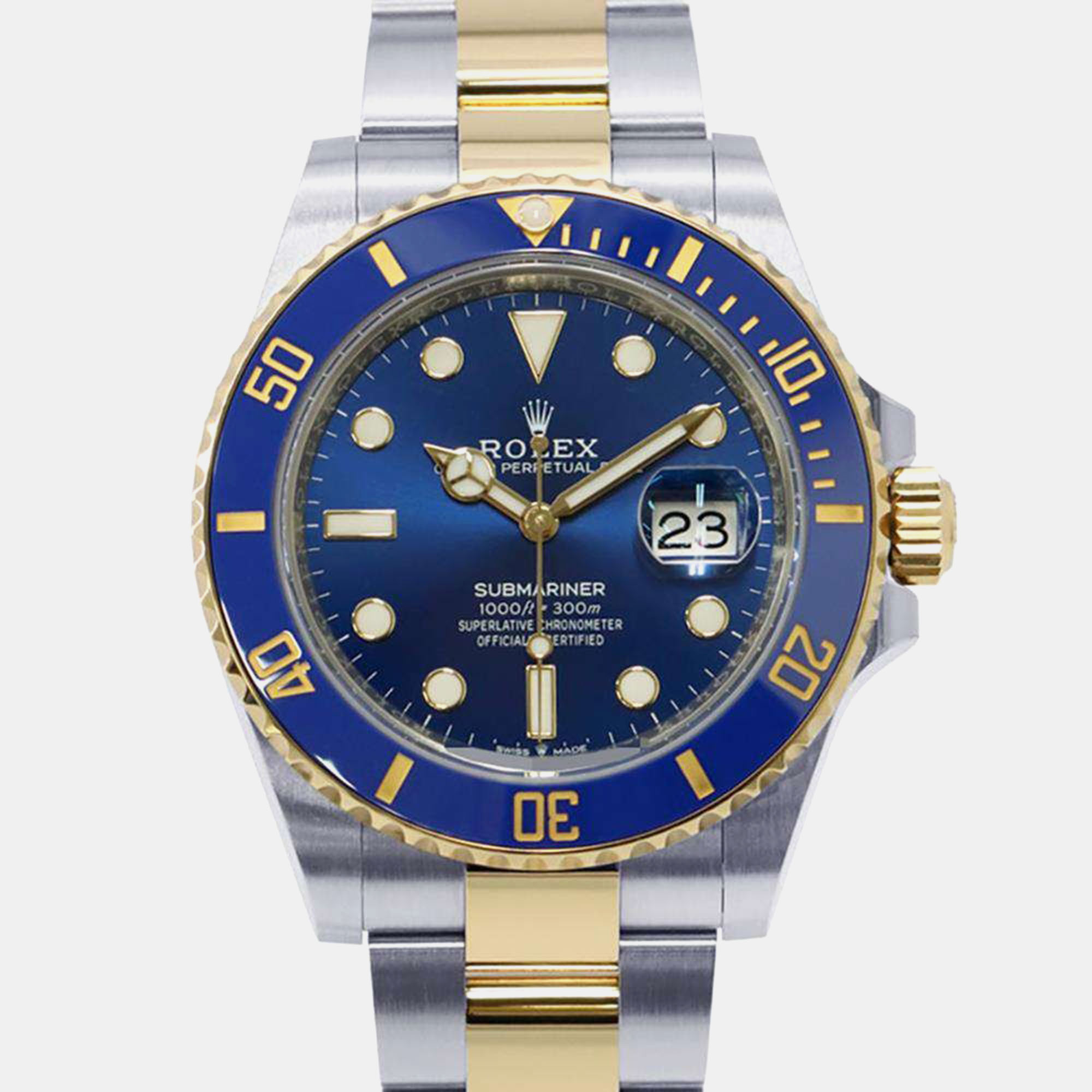 Pre-owned Rolex Blue 18k Yellow Gold Stainless Steel Submariner 126613lb Automatic Men's Wristwatch 41 Mm