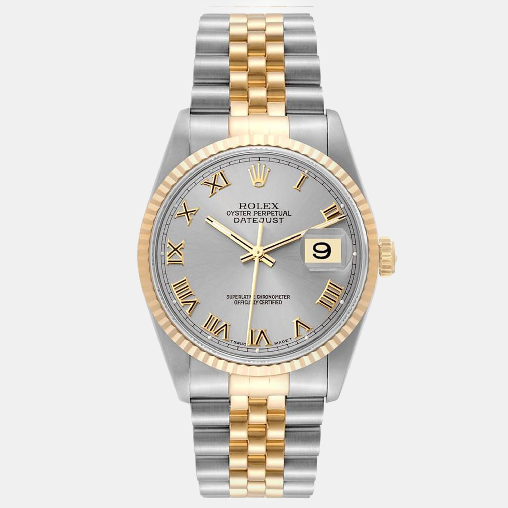 

Rolex Datejust Steel Yellow Gold Silver Roman Dial Men's Watch 36 mm, Grey