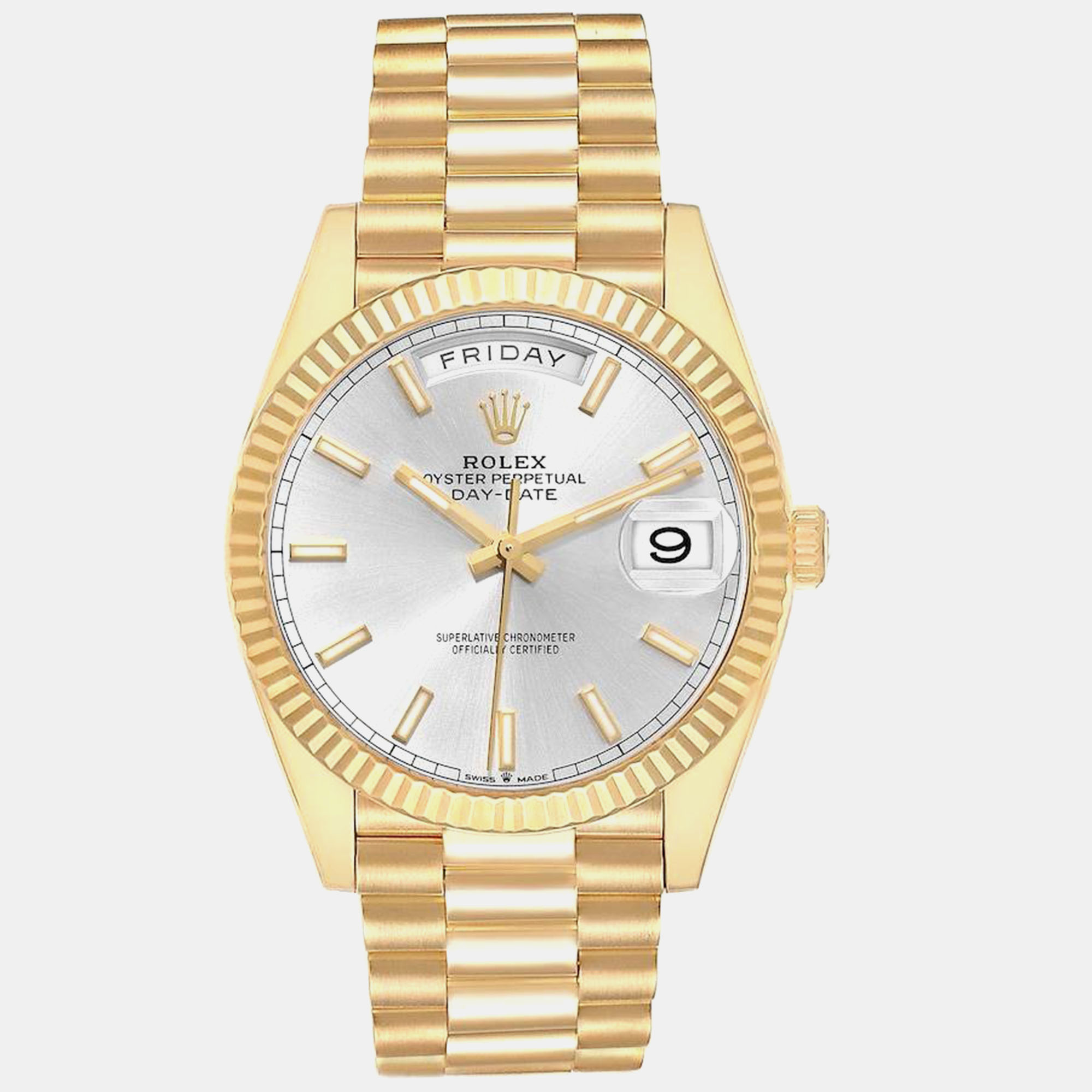 

Rolex President Day Date 40 Yellow Gold Silver Dial Mens Watch 228238