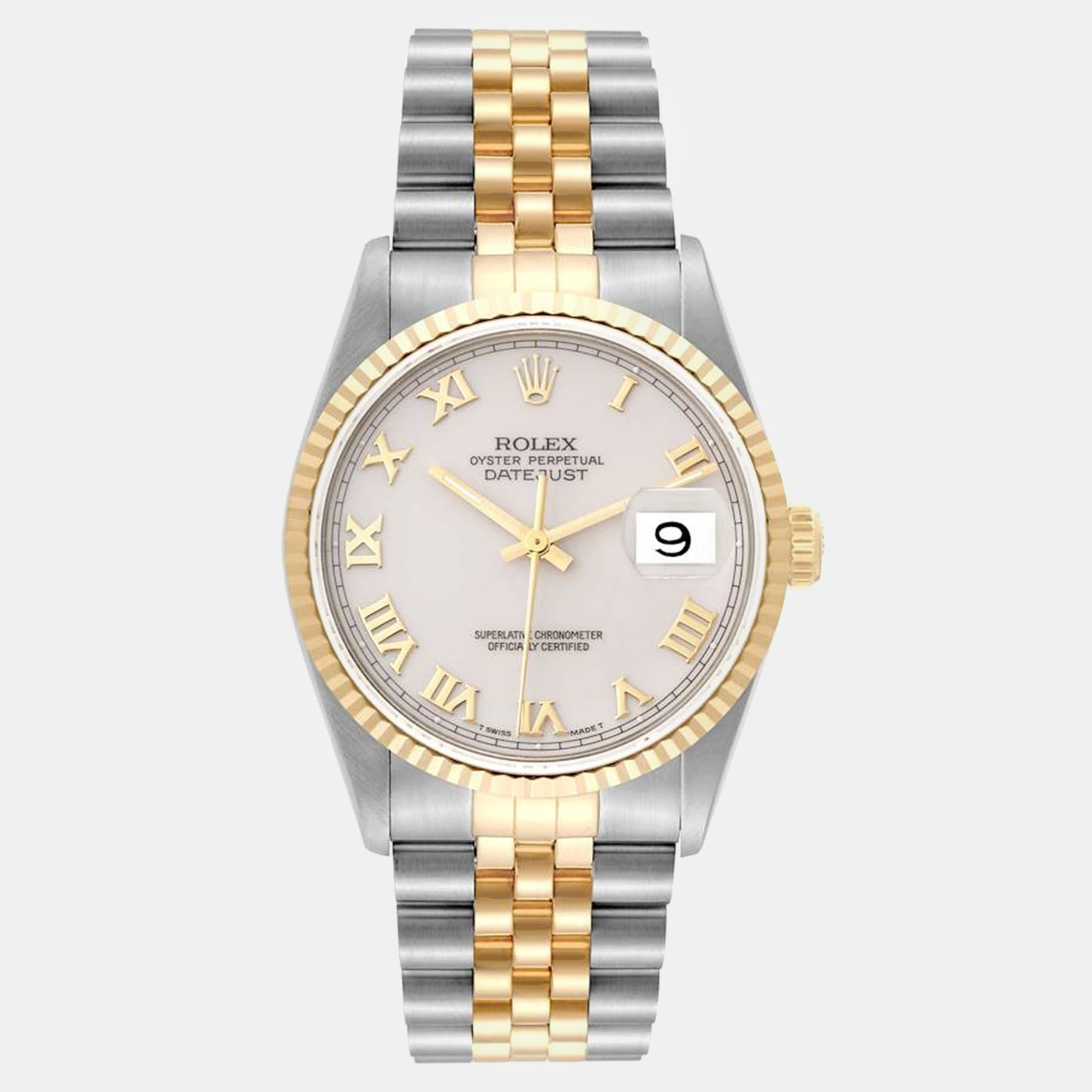 Pre-owned Rolex Datejust Steel Yellow Gold Ivory Roman Dial Mens Watch 16233 In Grey