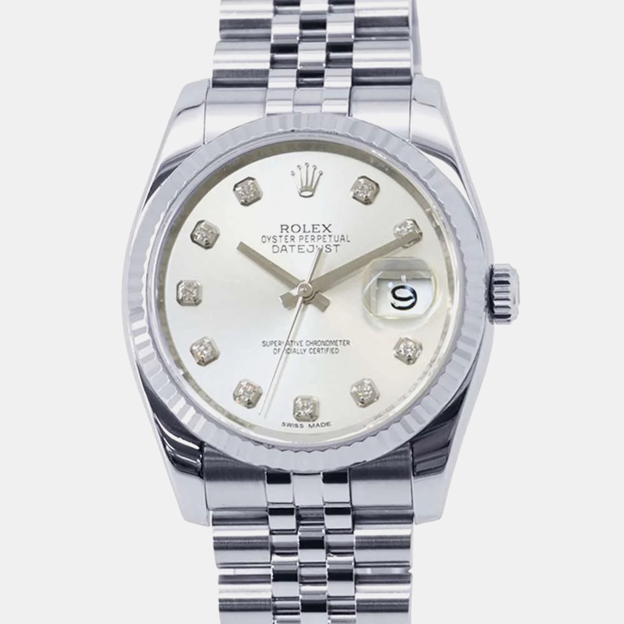 

Rolex Silver 18k White Gold Diamond Datejust Automatic Men's Wristwatch 36 mm
