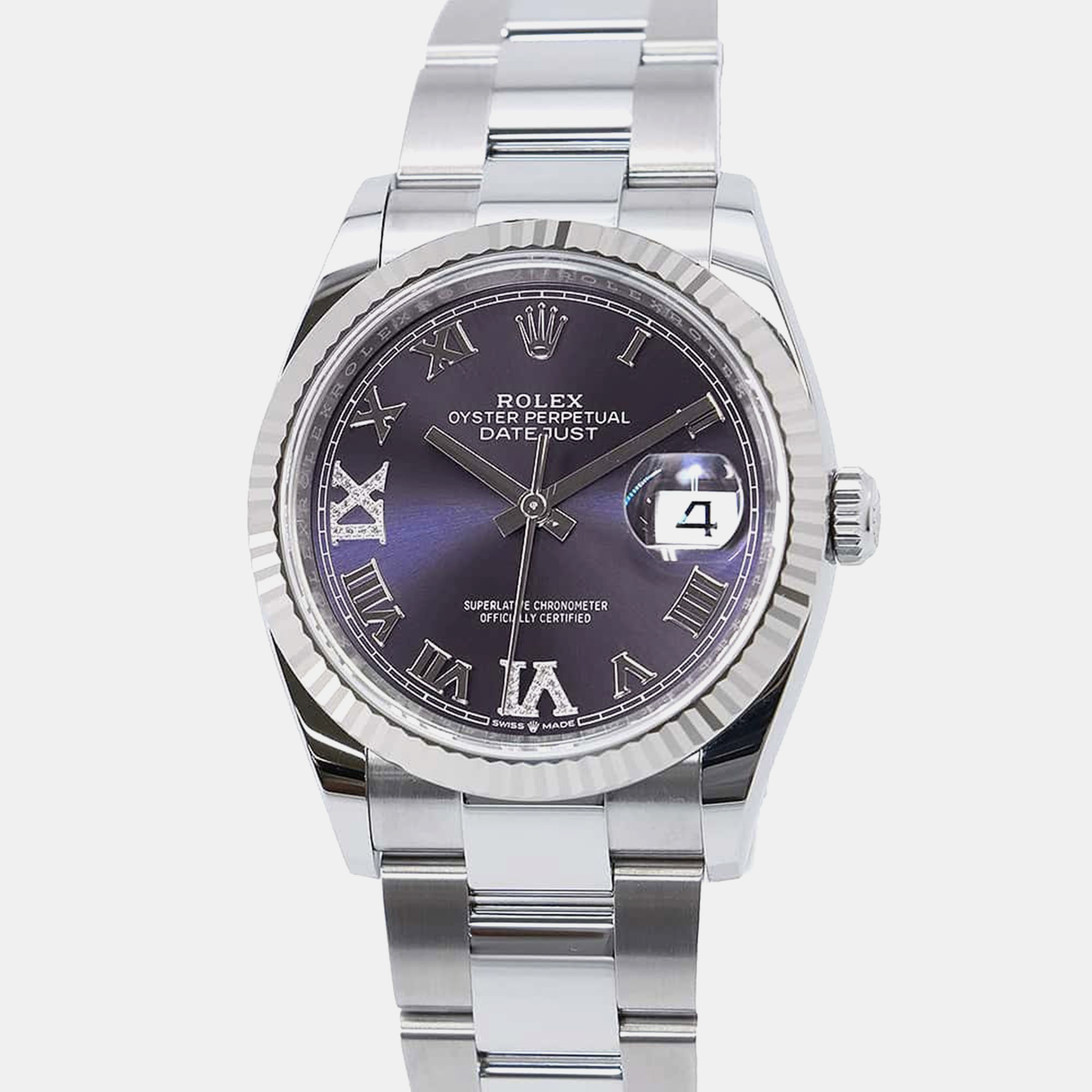 

Rolex Aubergine 18k White Gold Stainless Steel Datejust Automatic Men's Wristwatch 36 mm, Purple