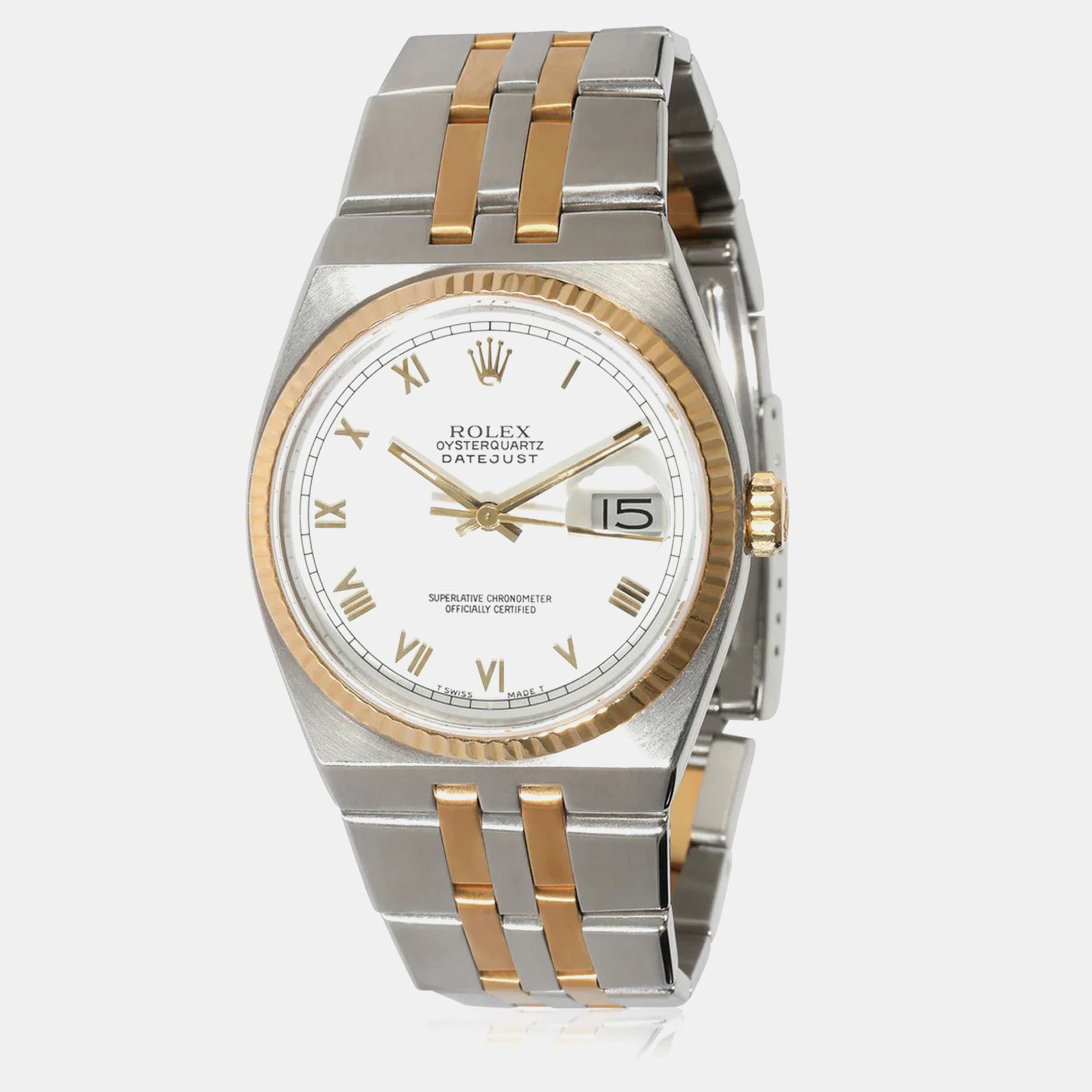 

Rolex White 18k Yellow Gold Stainless Steel Oysterquartz 17013 Automatic Men's Wristwatch 36 mm