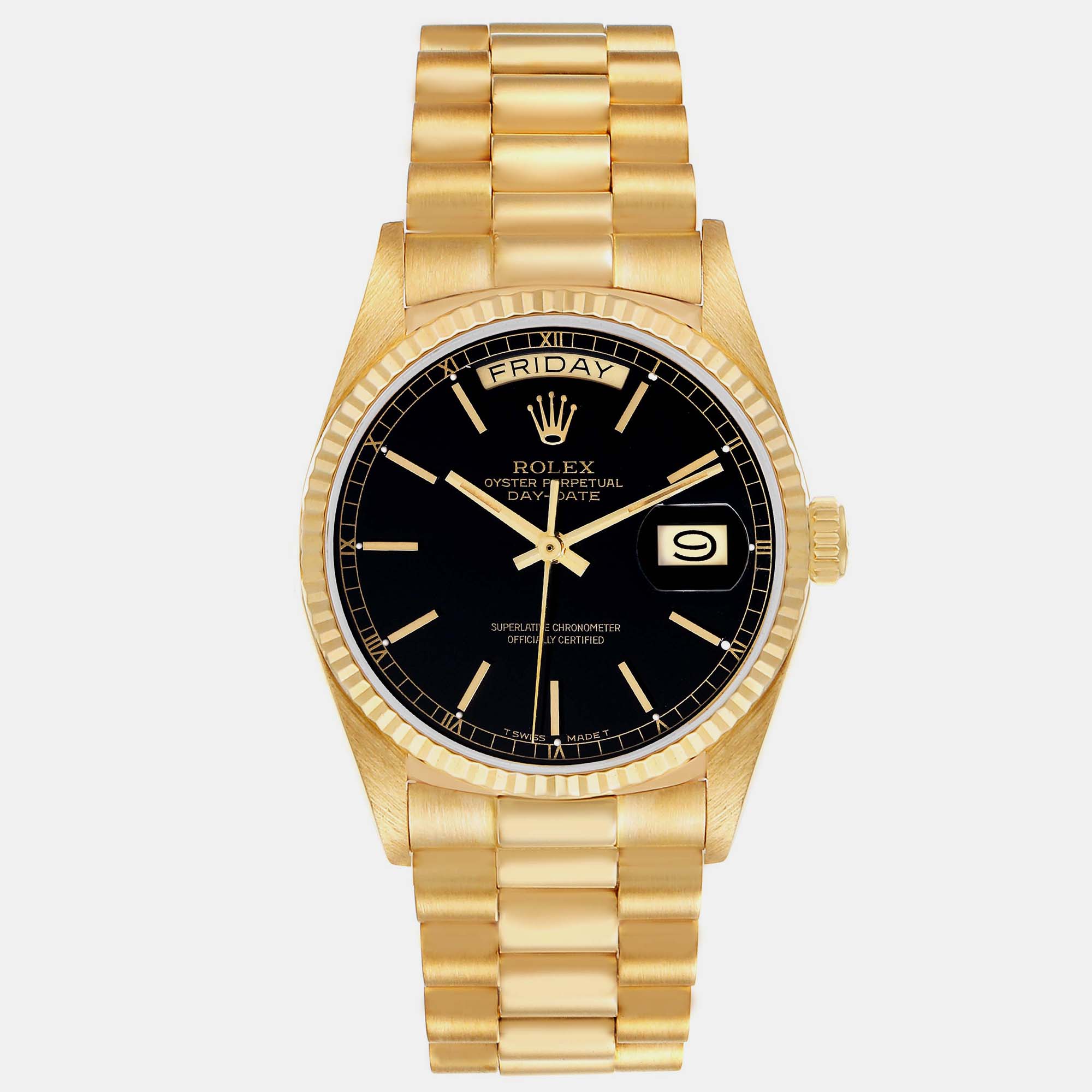 

Rolex President Day-Date Yellow Gold Black Dial Men's Watch 18038 36 mm