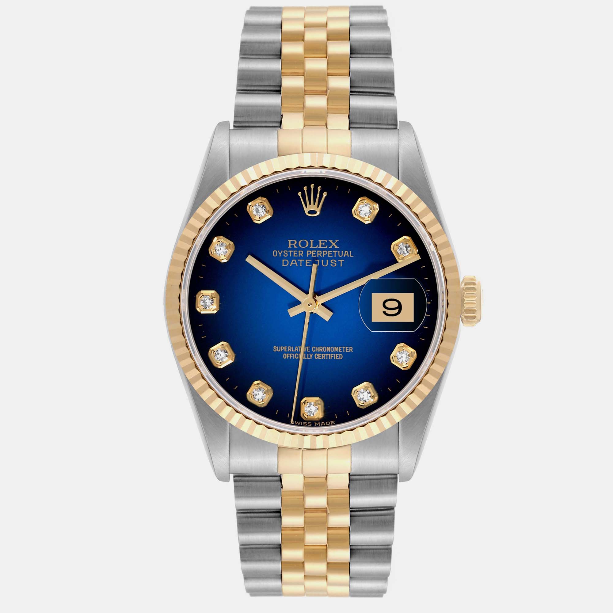 

Rolex Datejust Blue Vignette Diamond Dial Steel Yellow Gold Watch 16233