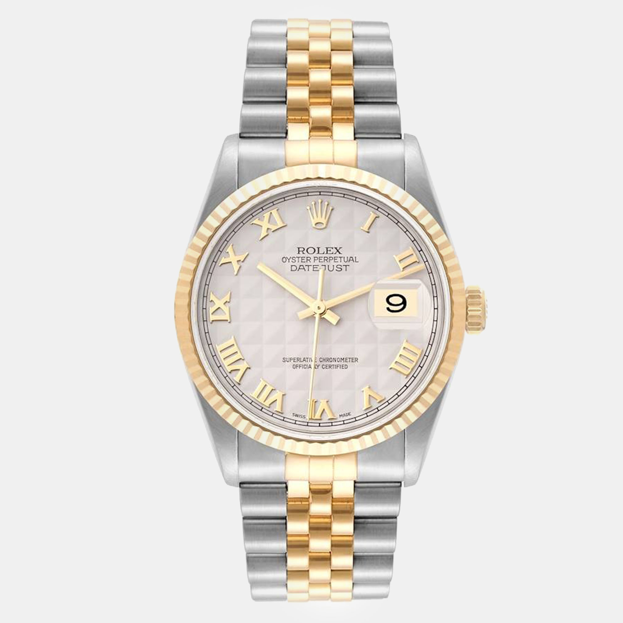 

Rolex Datejust Steel Yellow Gold Ivory Pyramid Dial Men's Watch 16233 36 mm, Beige