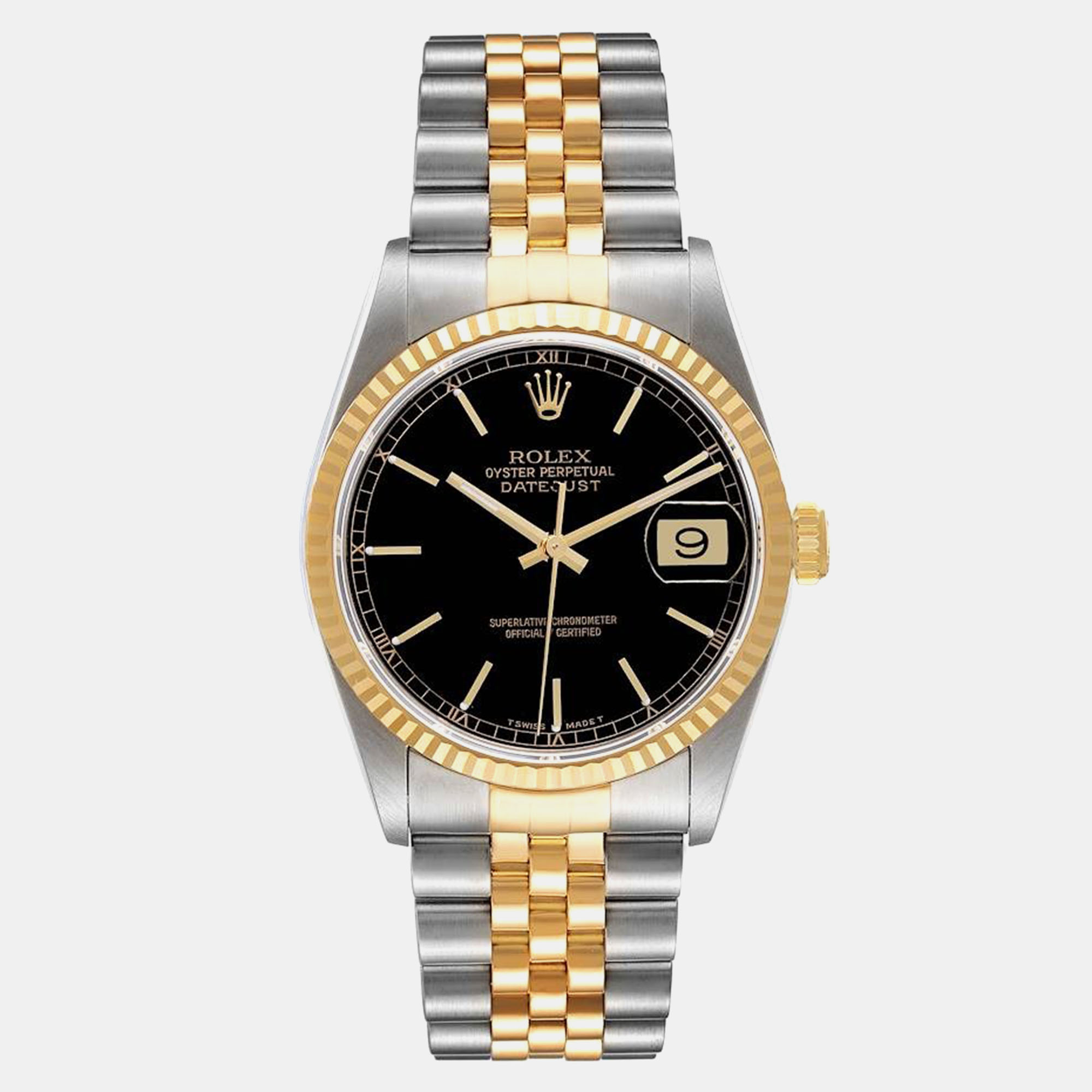 Pre-owned Rolex Datejust 36 Steel Yellow Gold Black Dial Mens Watch 16233