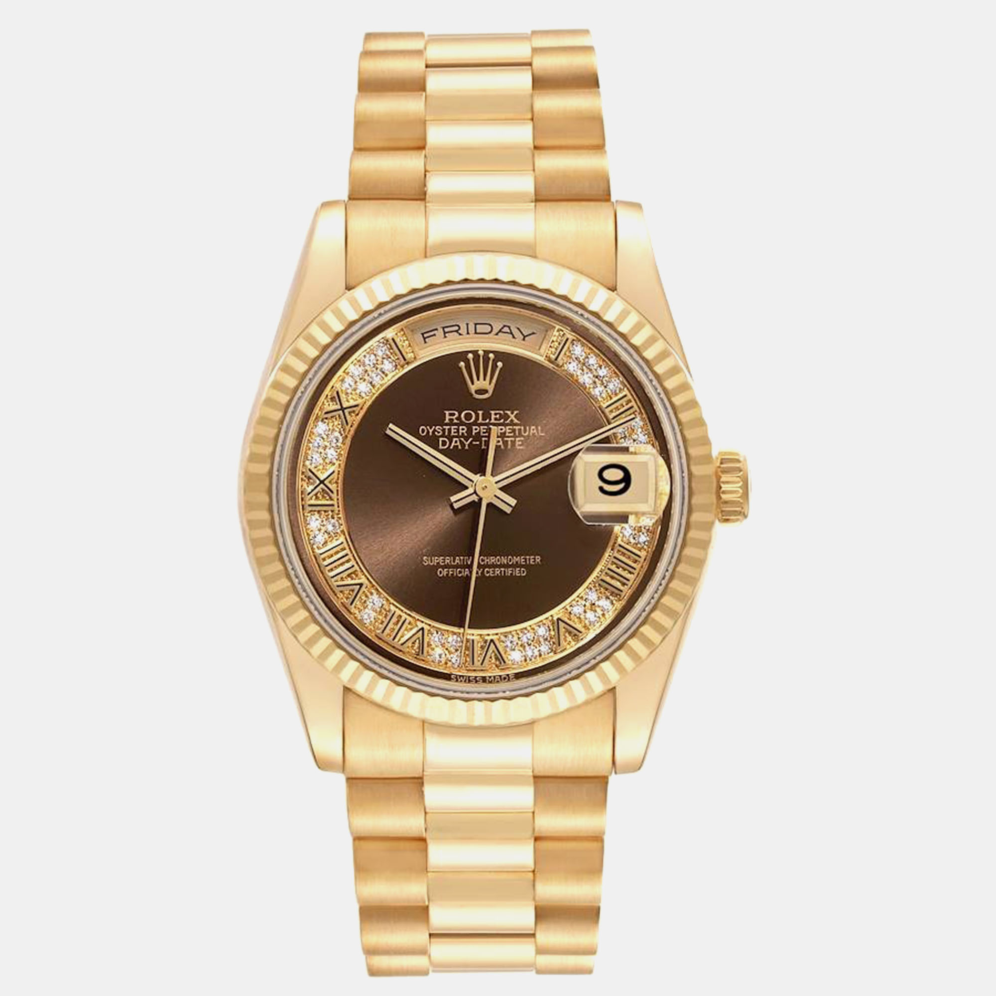 

Rolex Day Date President Yellow Gold Myriad Diamond Dial Mens Watch 118238, Brown