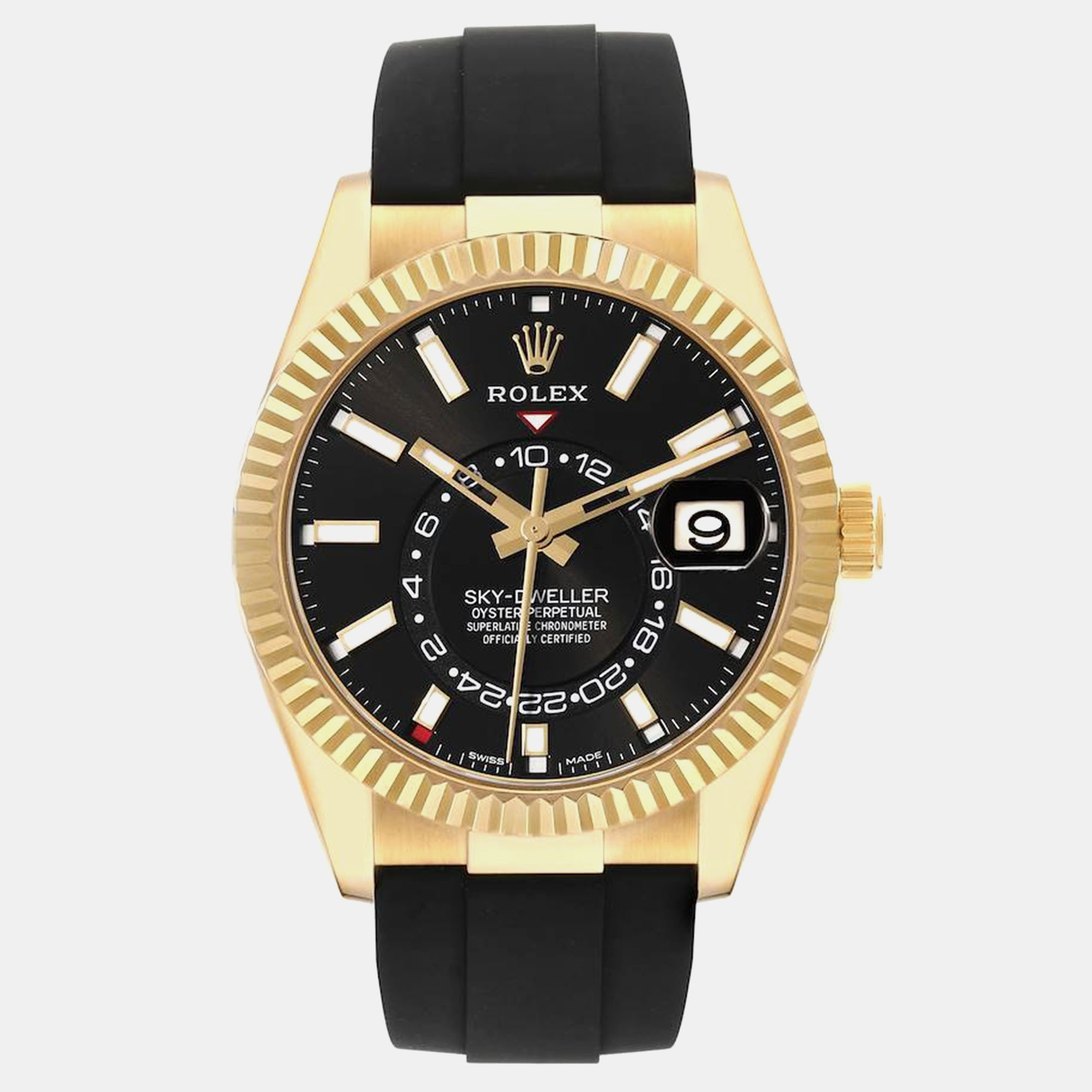 

Rolex Sky-Dweller Yellow Gold Black Dial Oysterflex Mens Watch 326238 Unworn