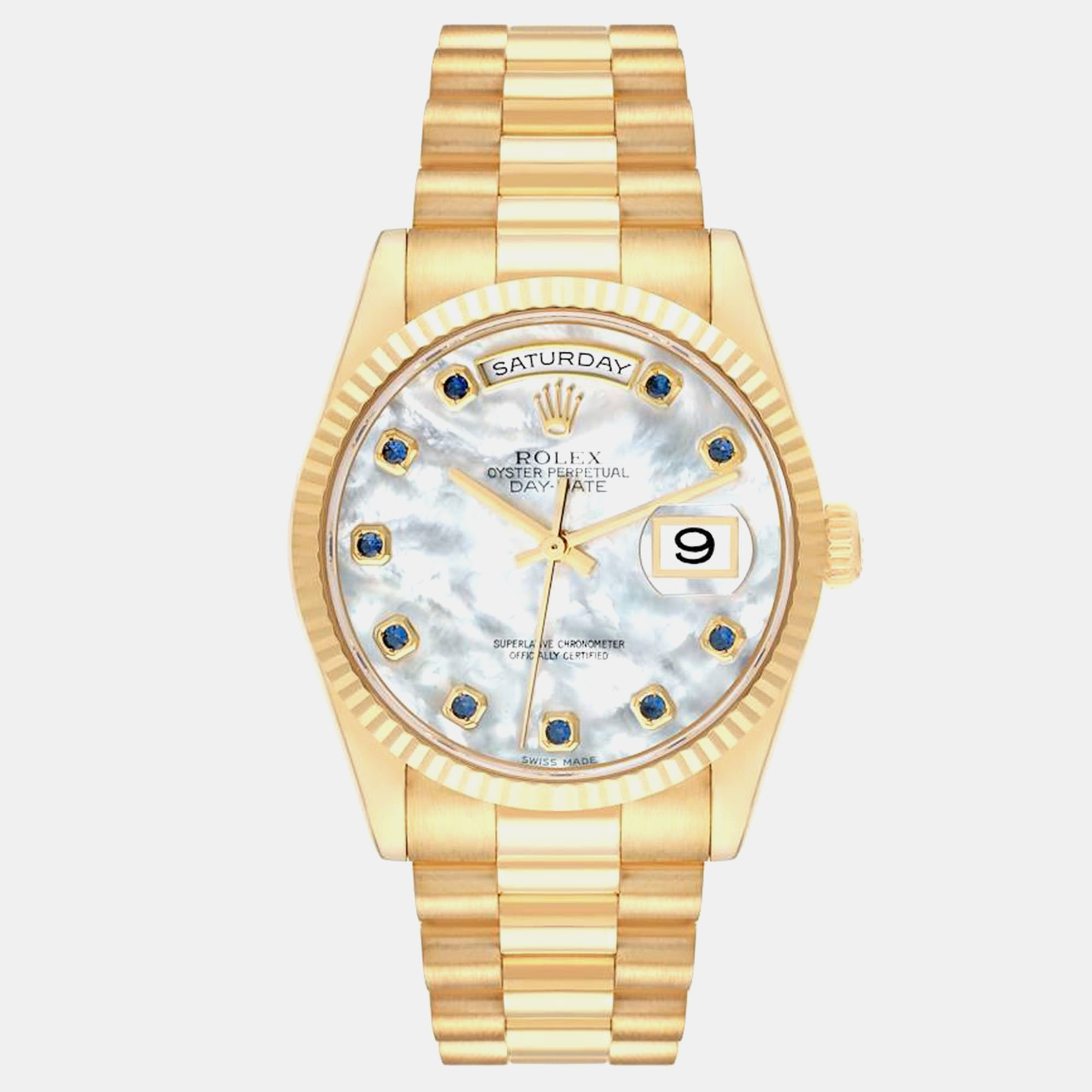 

Rolex President Day Date Yellow Gold Mother of Pearl Sapphire Men's Watch 118238 36 mm, Silver