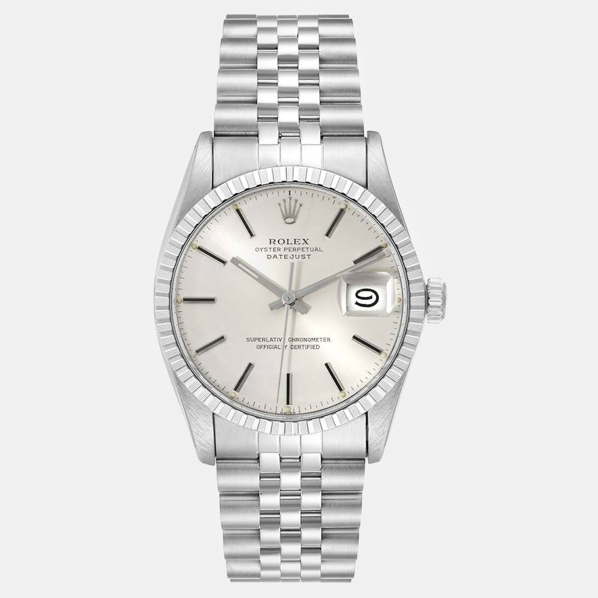 

Rolex Datejust Engine Turned Bezel Vintage Steel Men's Watch 36 mm, Silver