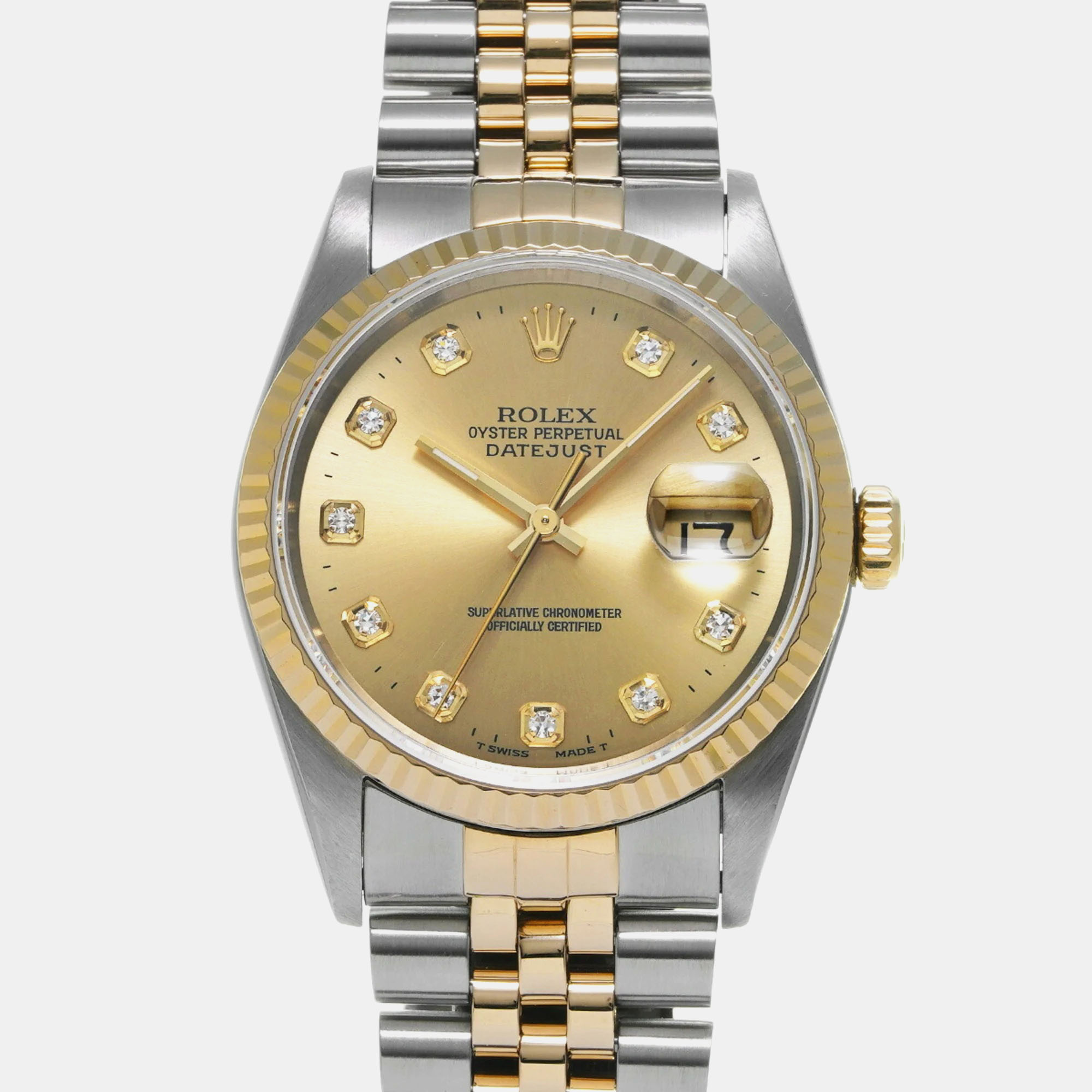 Pre-owned Rolex Champagne Diamond 18k Yellow Gold Stainless Steel Datejust Automatic Men's Wristwatch 35 Mm