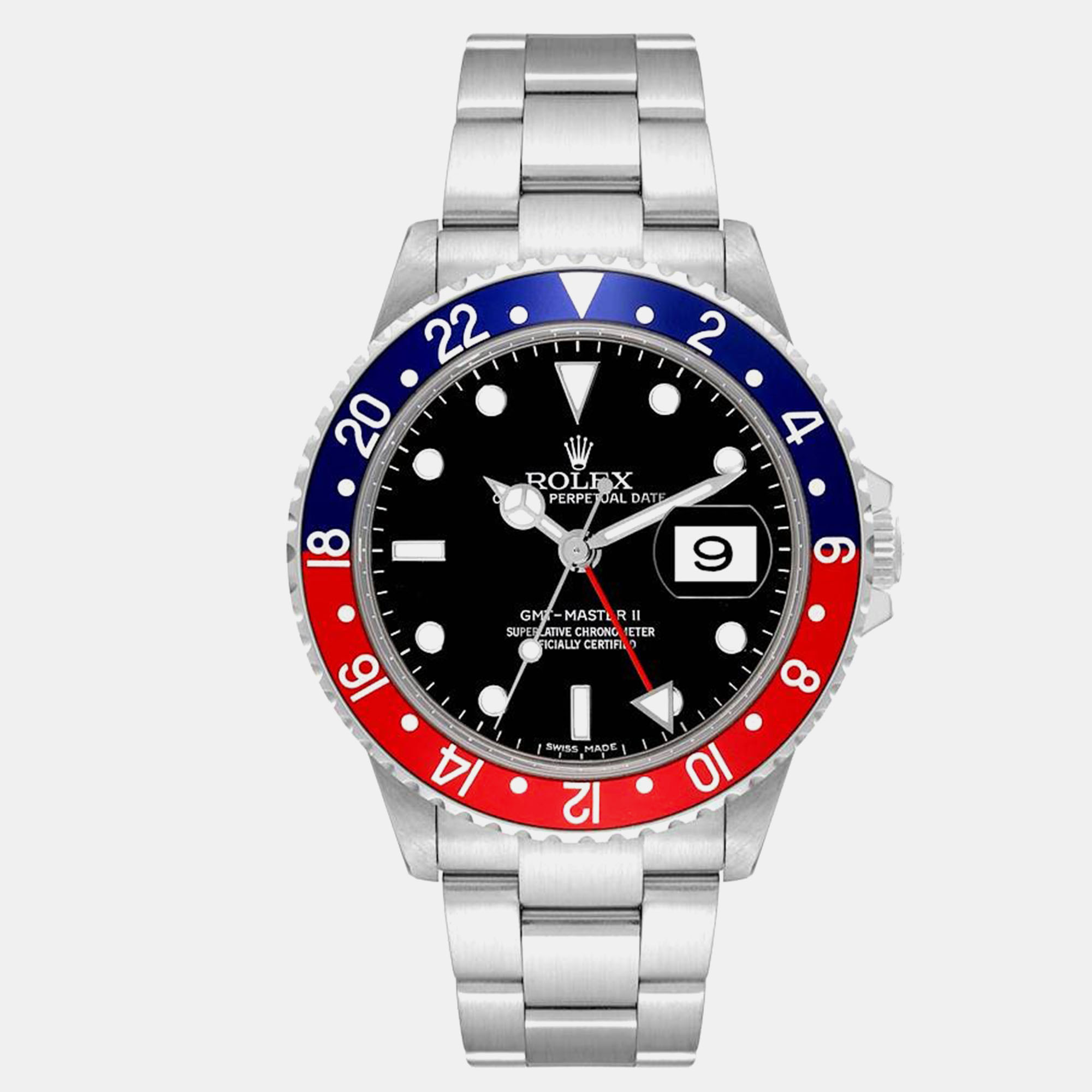 

Rolex GMT Master II Blue Red Pepsi Bezel Error Dial Steel Watch 40 mm, Black