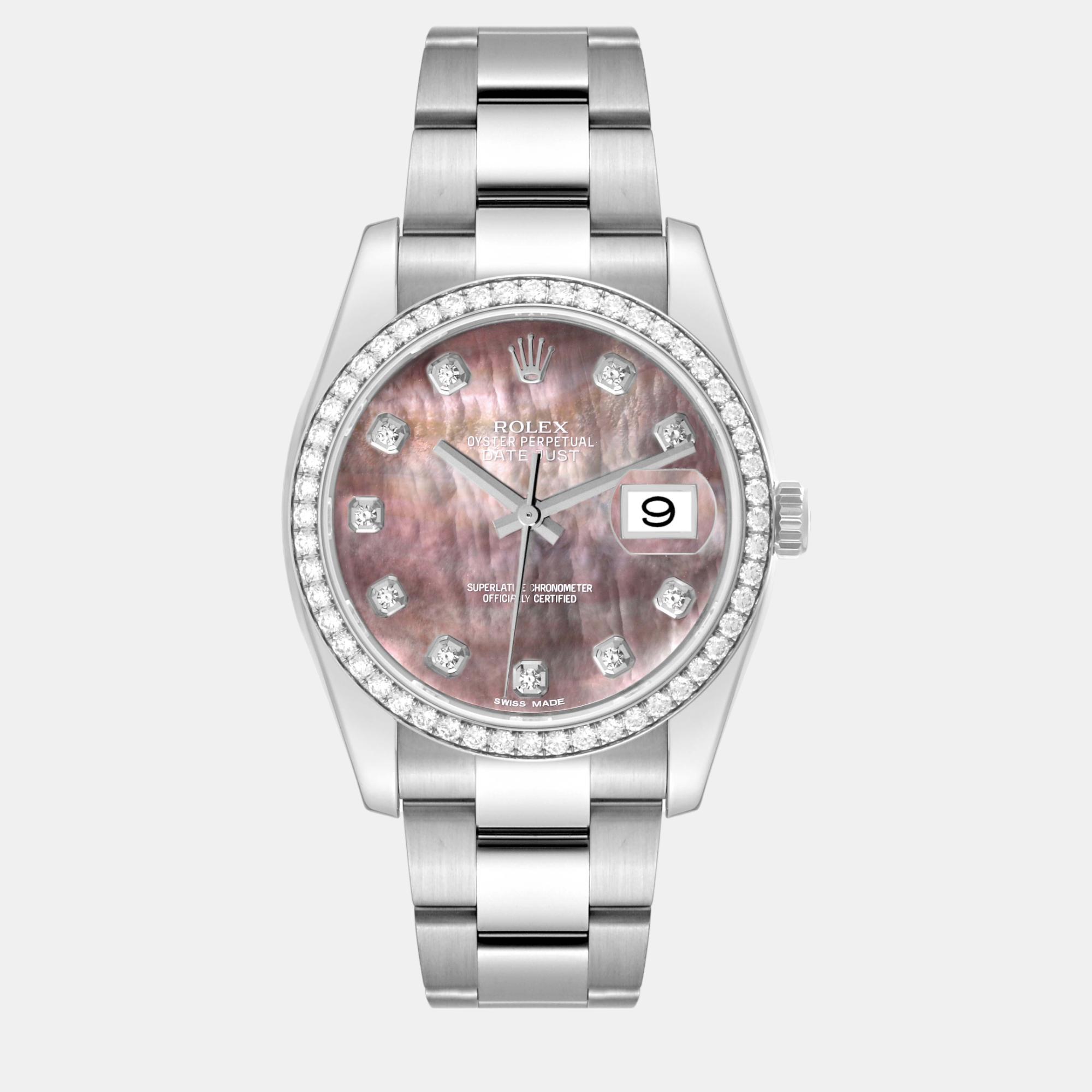 

Rolex Datejust Mother of Pearl Diamond White Gold Steel Men's Watch 116244, Pink