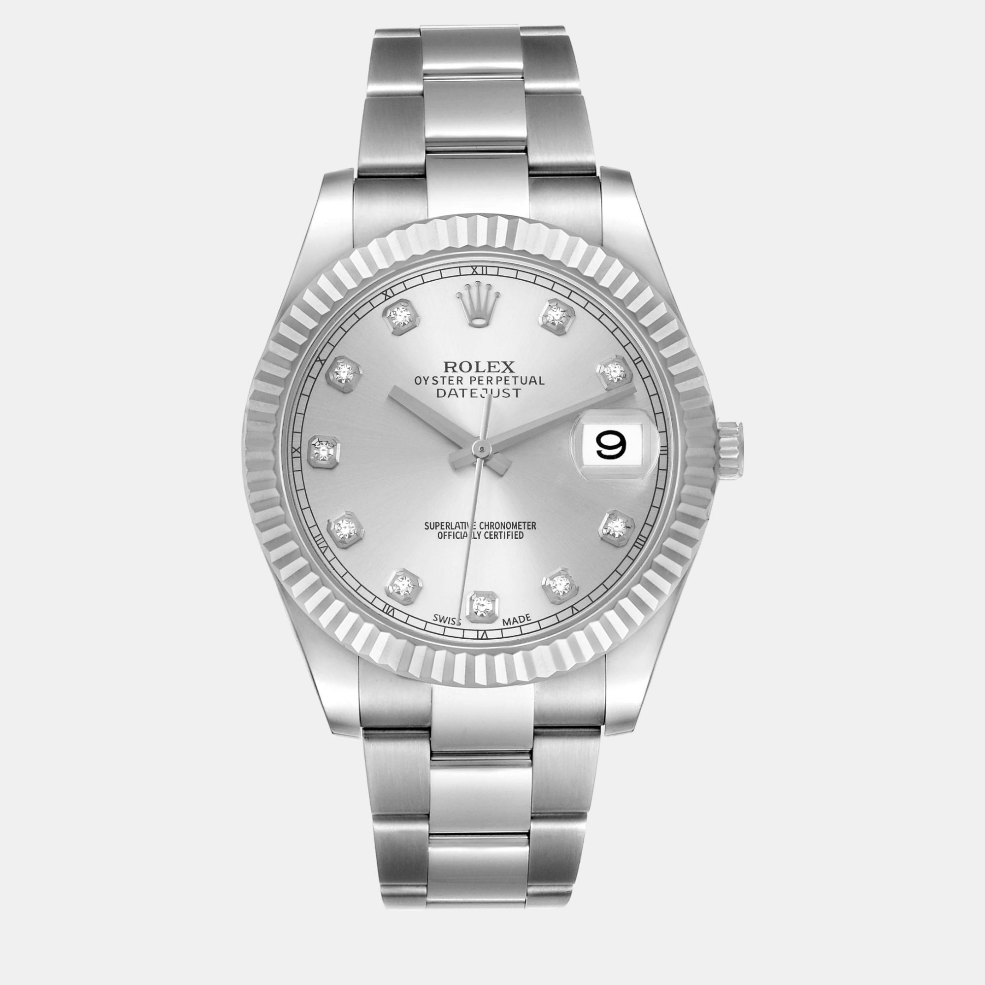 

Rolex Datejust II 41 Steel White Gold Silver Diamond Dial Mens Watch 116334