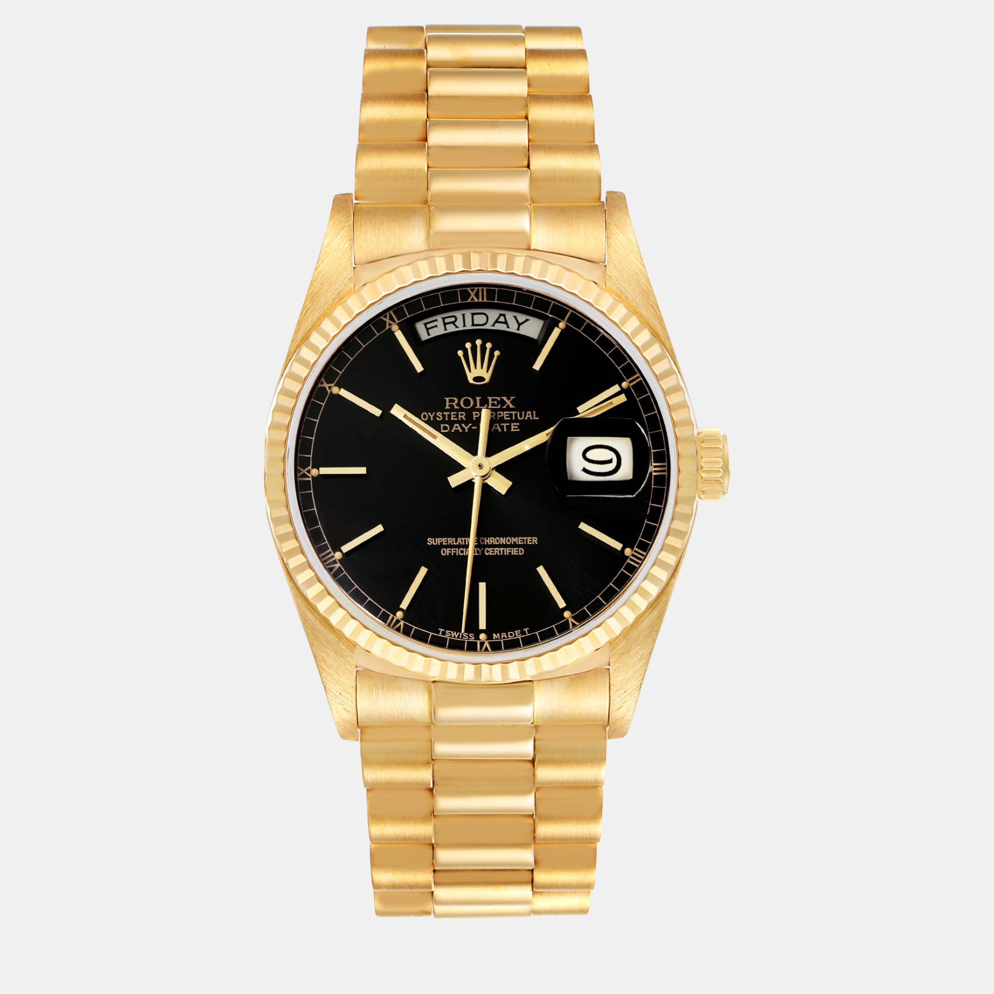 

Rolex President Day Date Yellow Gold Black Dial Men's Watch 18038 36 mm