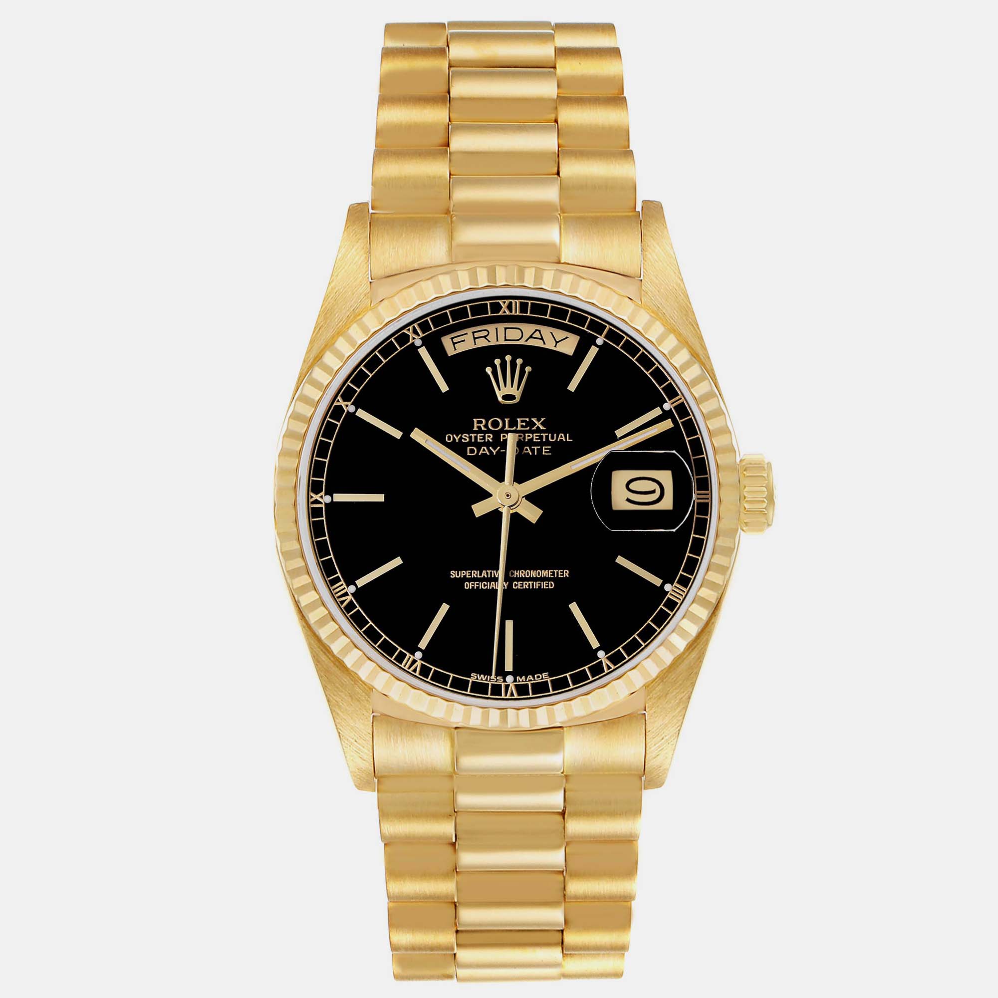 

Rolex President Day Date Yellow Gold Black Dial Mens Watch 18038