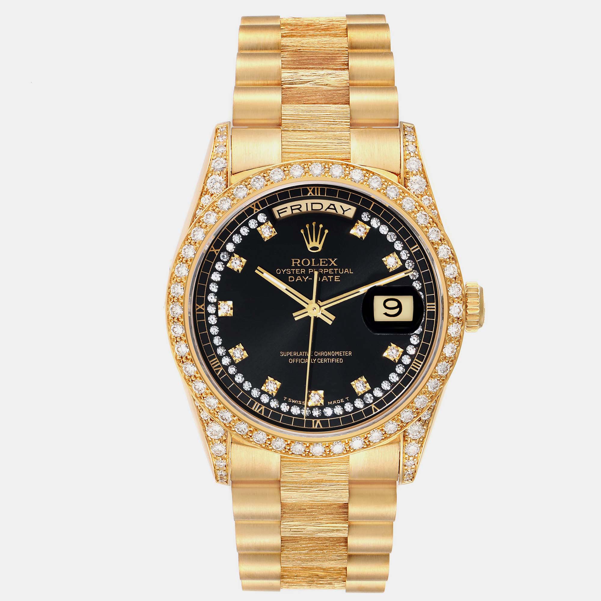 

Rolex President Day Date 36 Yellow Gold Diamond Mens Watch 18388, Black