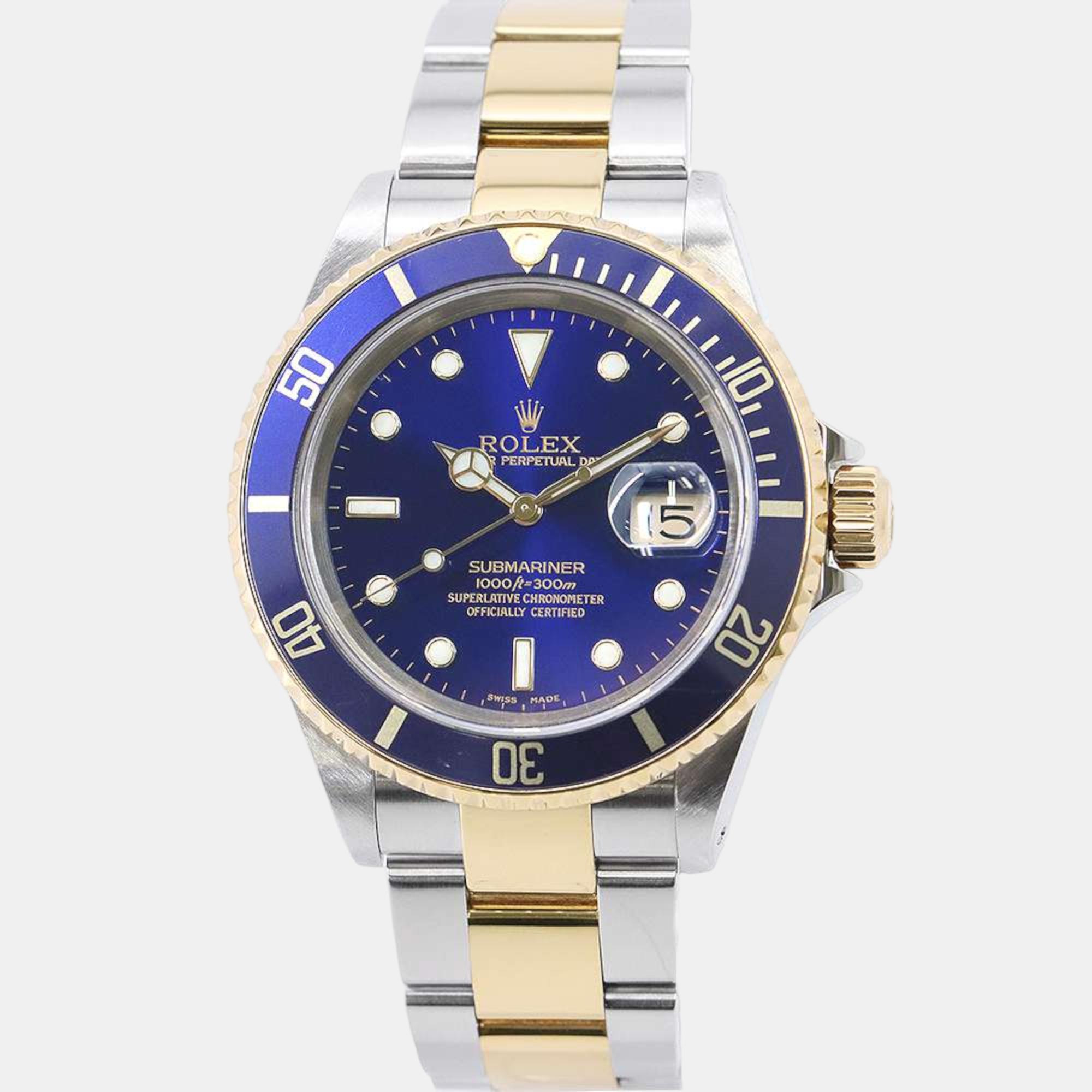 

Rolex Blue 18k Yellow Gold Stainless Steel Submariner 16613 Automatic Men's Wristwatch 40 mm