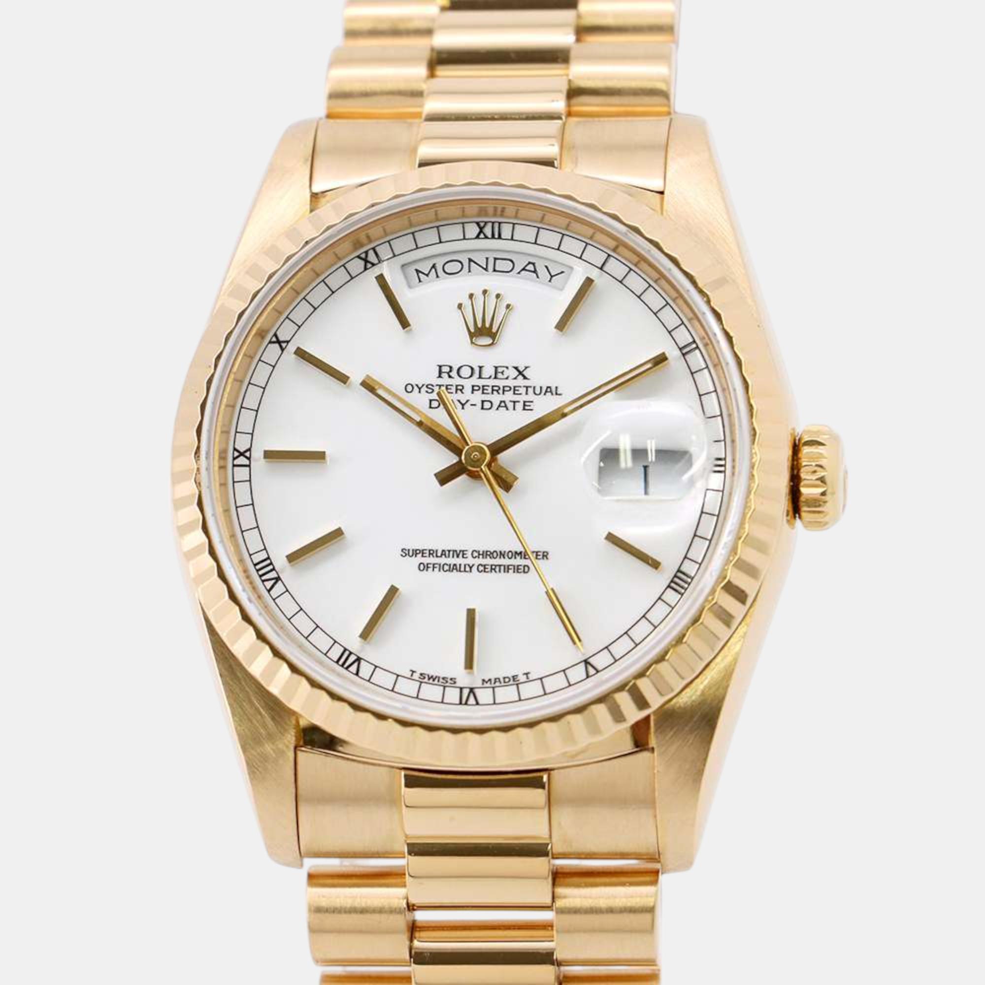 Pre-owned Rolex White 18k Yellow Gold Day-date 18238 Automatic Men's Wristwatch 36 Mm