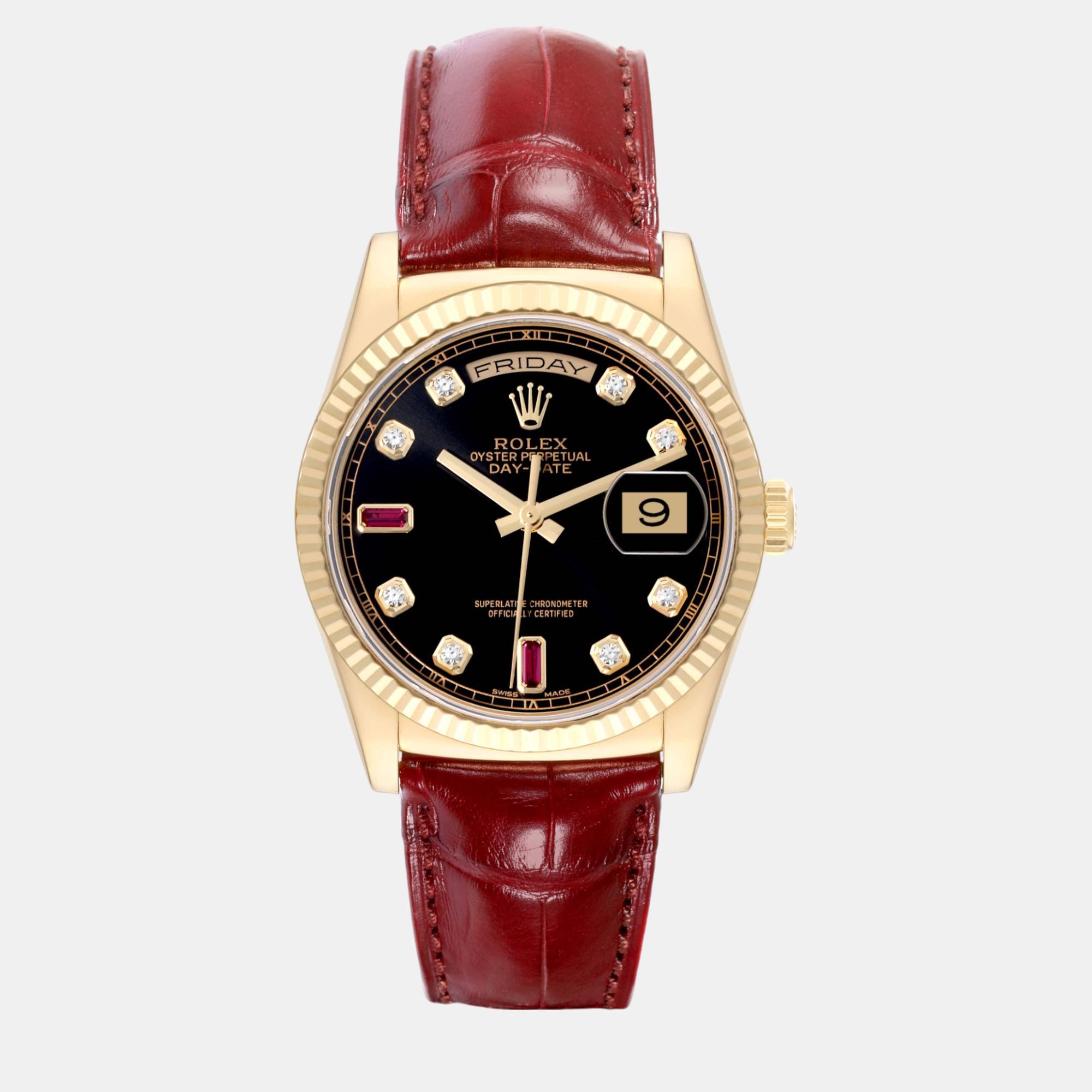 

Rolex President Day Date Yellow Gold Diamond Ruby Mens Watch 118138, Black