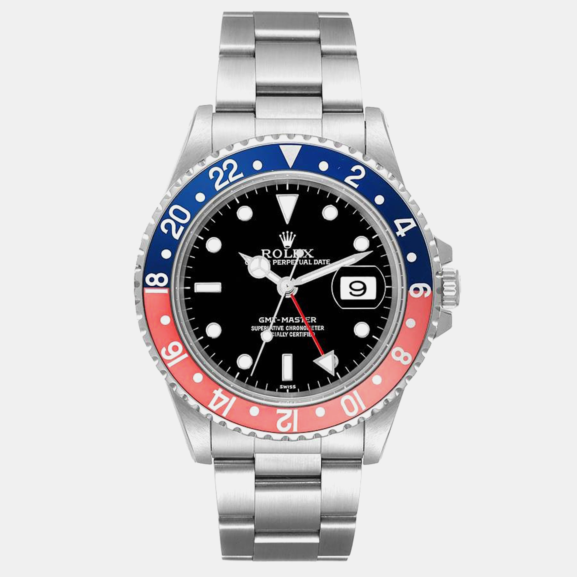 

Rolex GMT Master  Blue Red Pepsi Bezel Steel Mens Watch 16700, Black