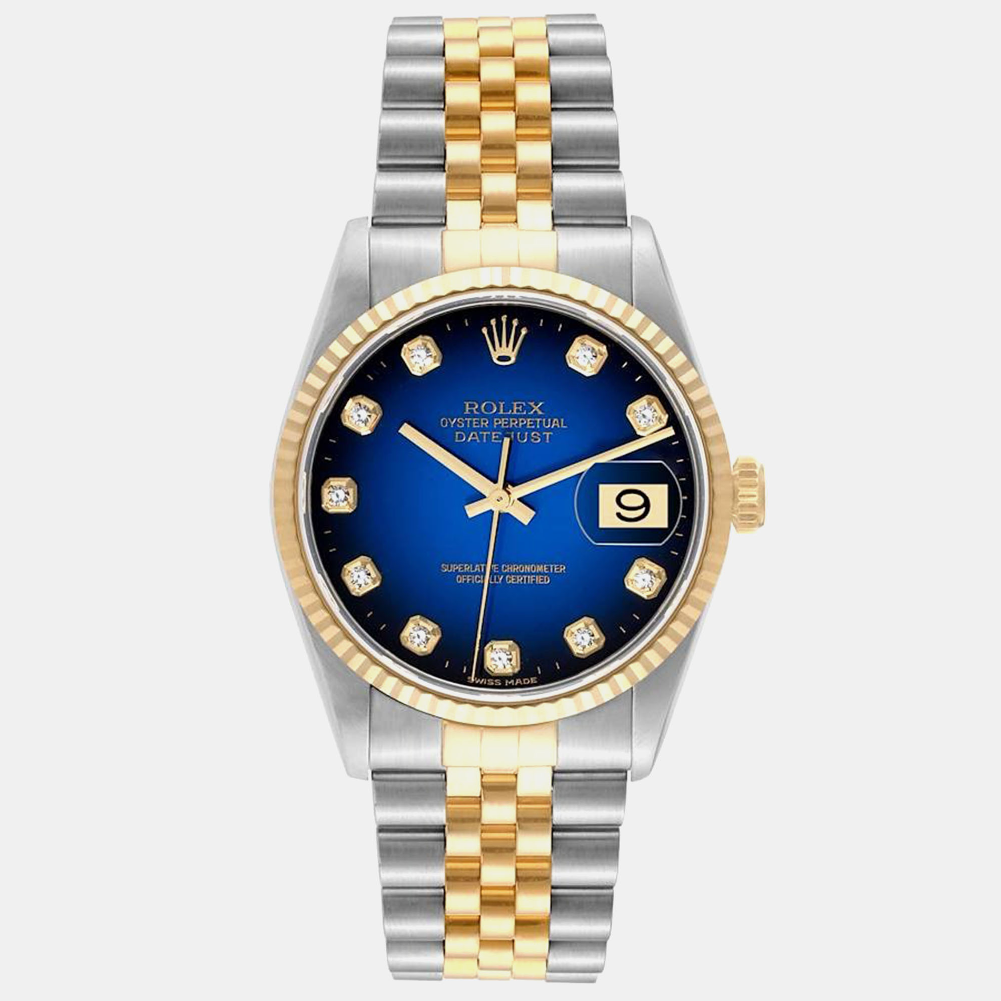 

Rolex Datejust Blue Vignette Diamond Dial Steel Yellow Gold Mens Watch 16233