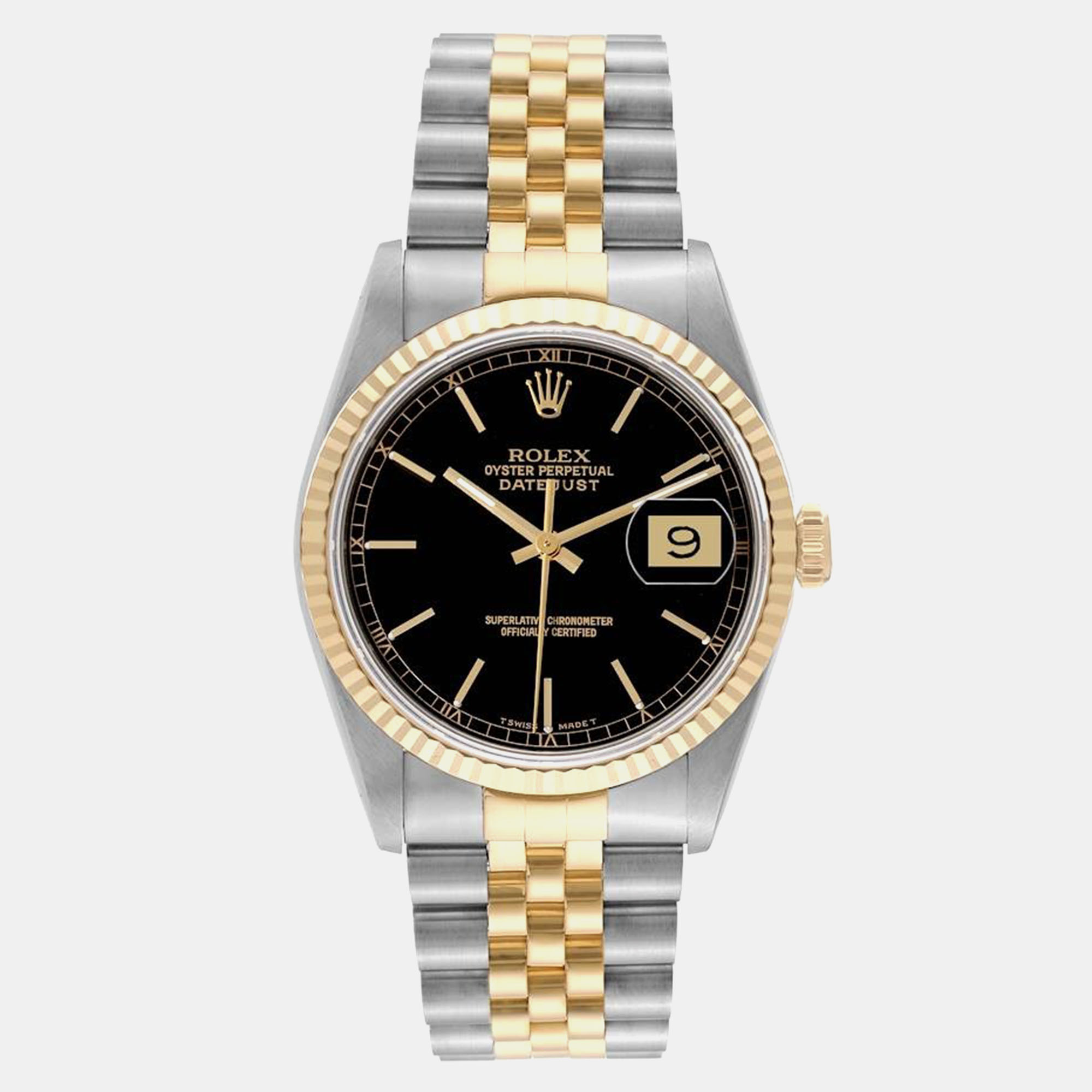 Pre-owned Rolex Datejust 36 Steel Yellow Gold Black Dial Mens Watch 16233