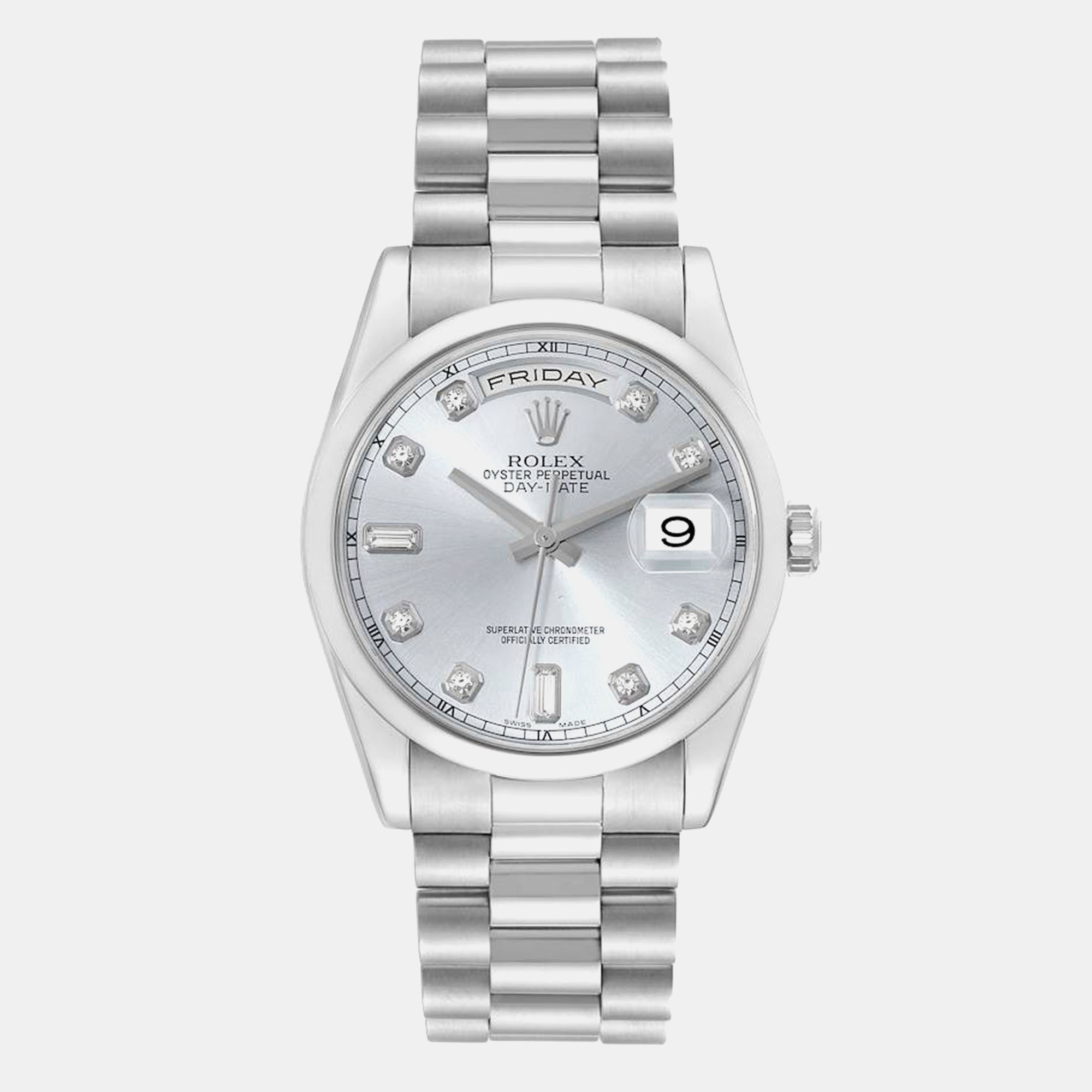 

Rolex Day Date President Platinum Diamond Dial Men's Watch 118206 36 mm, Silver