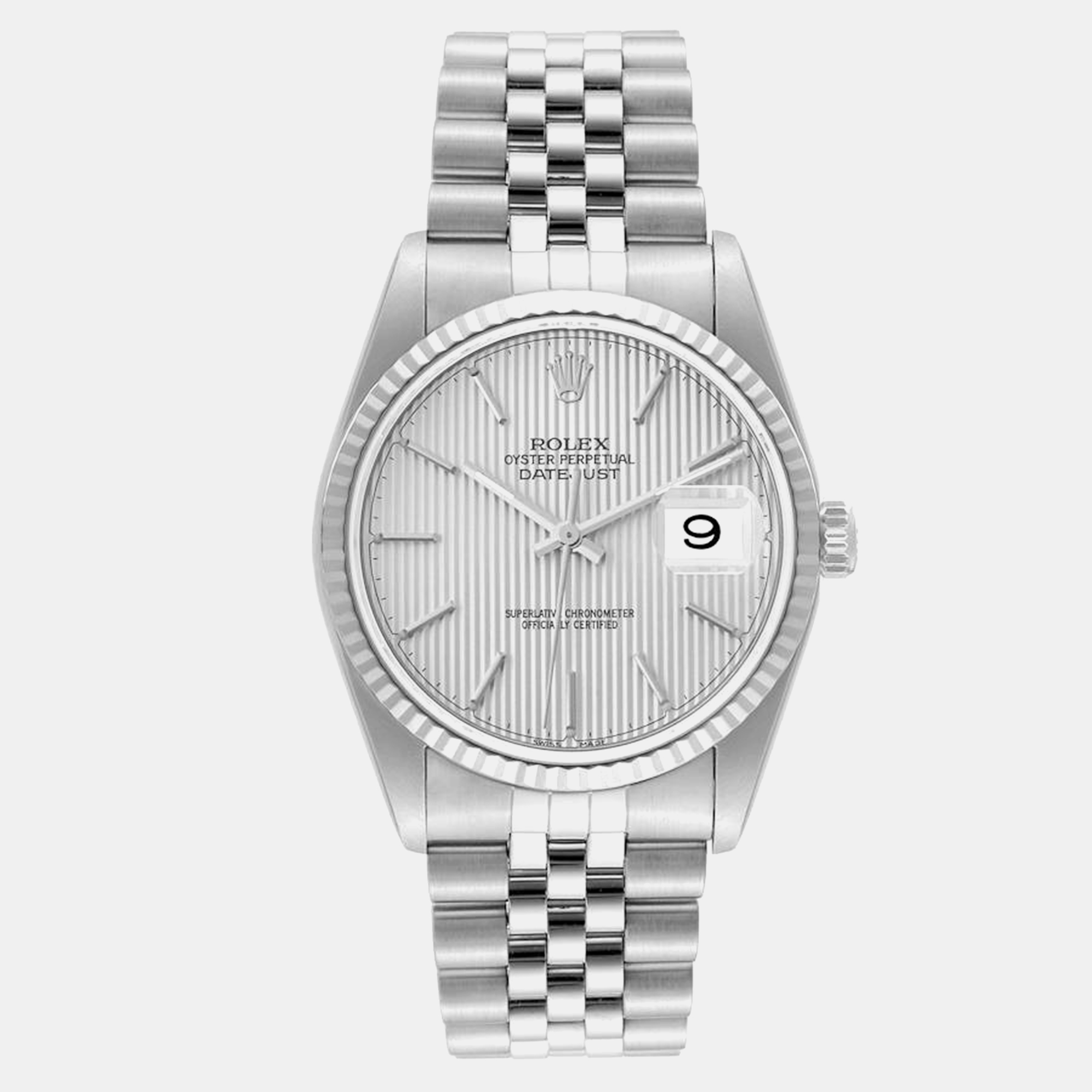 

Rolex Datejust Steel White Gold Tapestry Dial Men's Watch 16234 36 mm, Silver