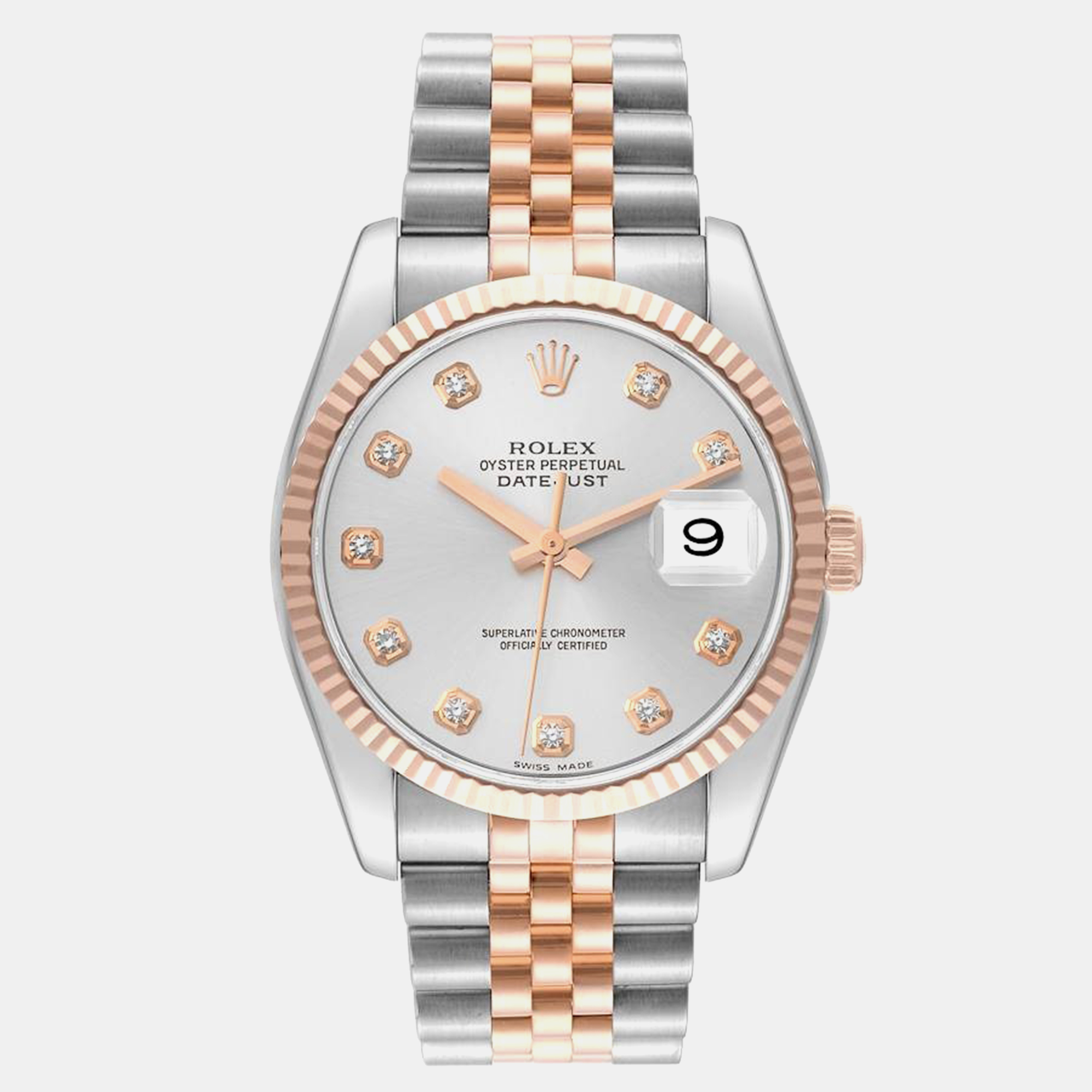 

Rolex Datejust Steel Everose Rose Gold Diamond Men's Watch 116231 36 mm, Silver