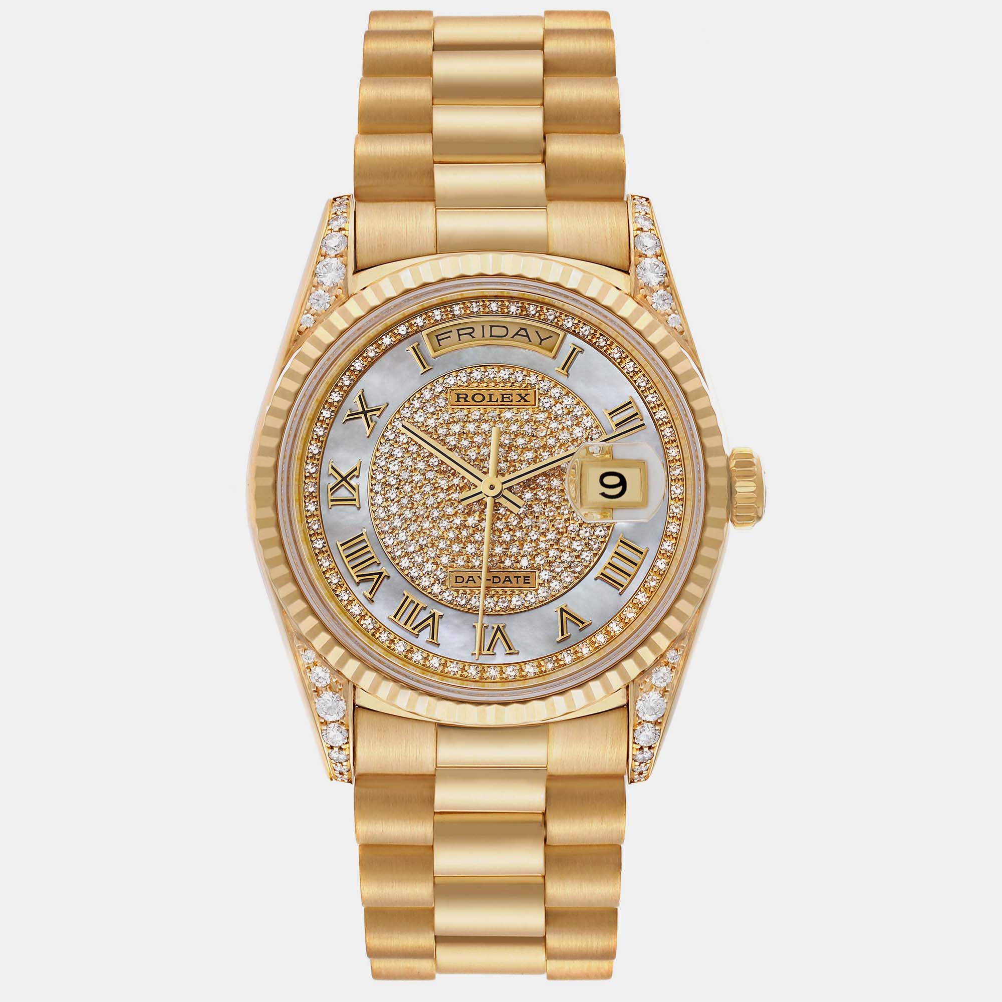 

Rolex President DayDate Yellow Gold Mother of Pearl Pave Diamond Men's Watch 18338 36 mm, Silver