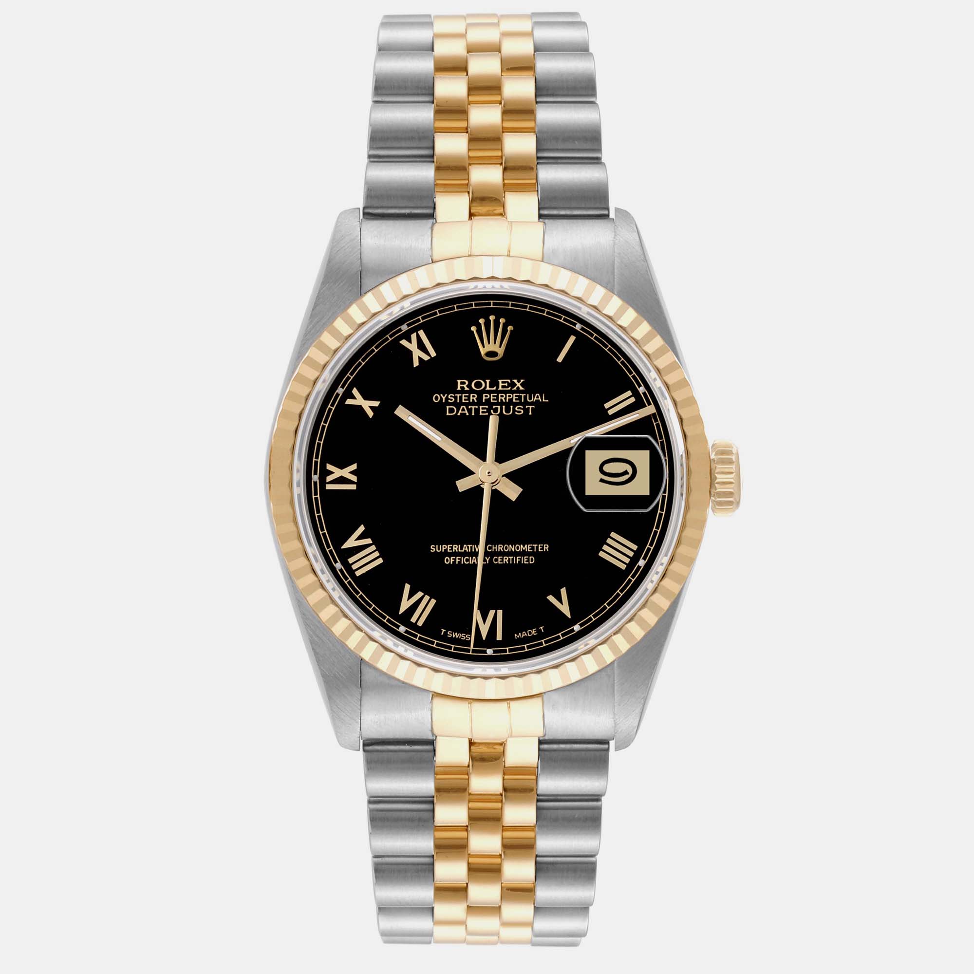 

Rolex Datejust Black Roman Dial Steel Yellow Gold Men's Watch 16233 36 mm