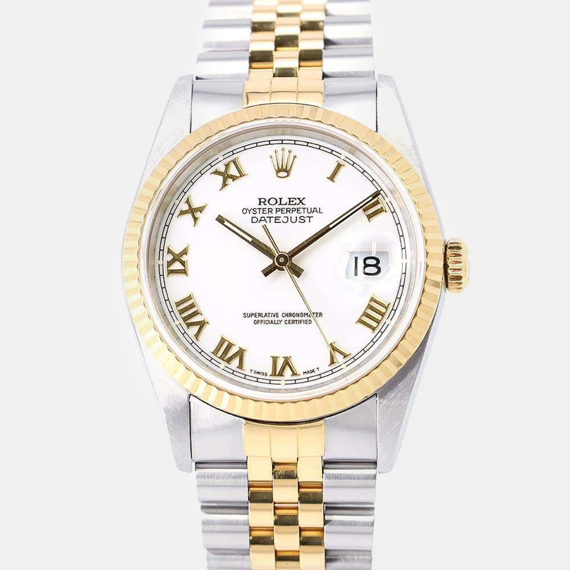 

Rolex White 18k Yellow Gold Stainless Steel Datejust 16233 Automatic Men's Wristwatch 36 mm