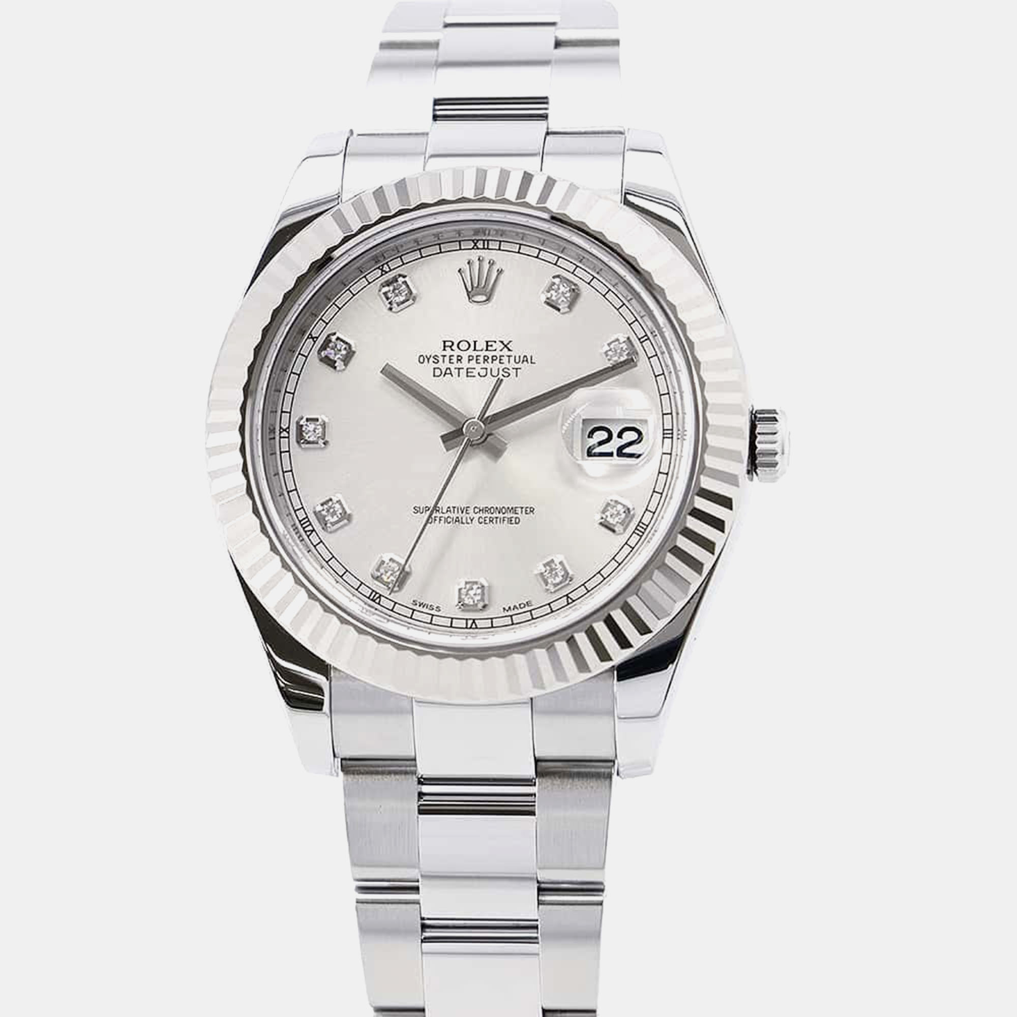

Rolex Silver Diamond 18k White Gold Stainless Steel Datejust Automatic Men's Wristwatch 41 mm