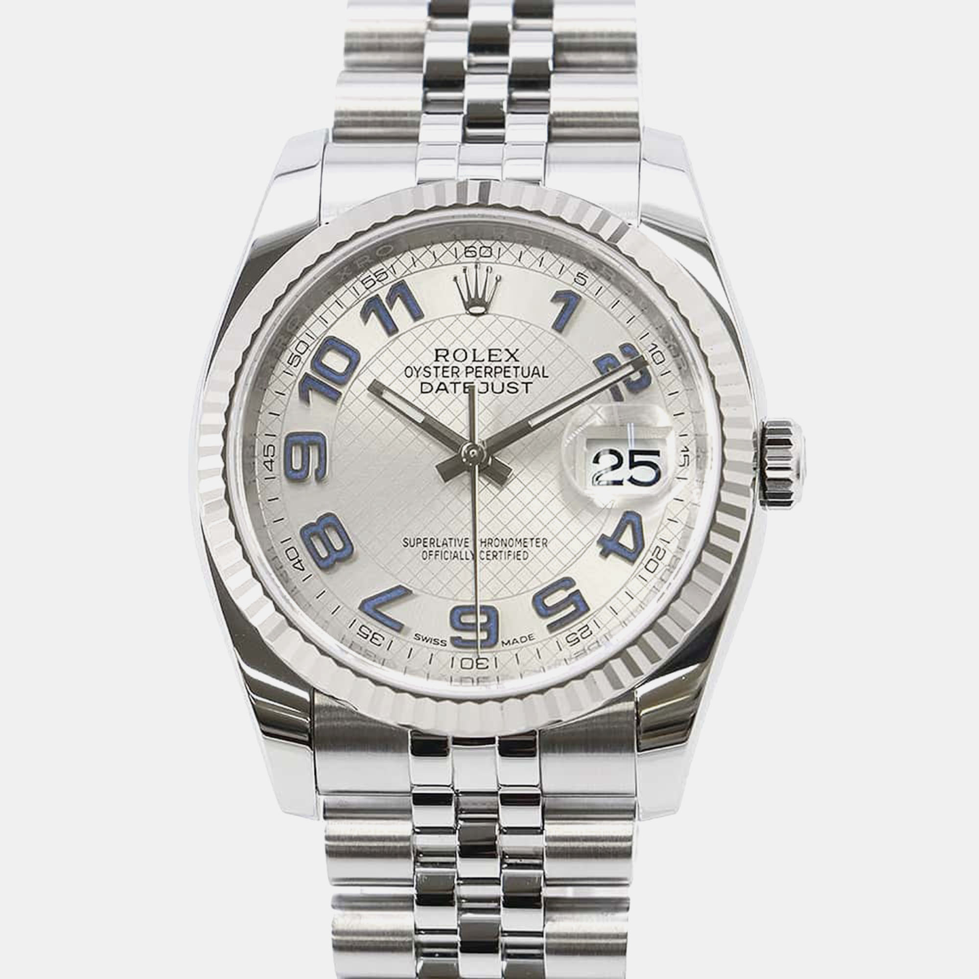 

Rolex Silver 18k White Gold Stainless Steel Datejust Automatic Men's Wristwatch 36 mm