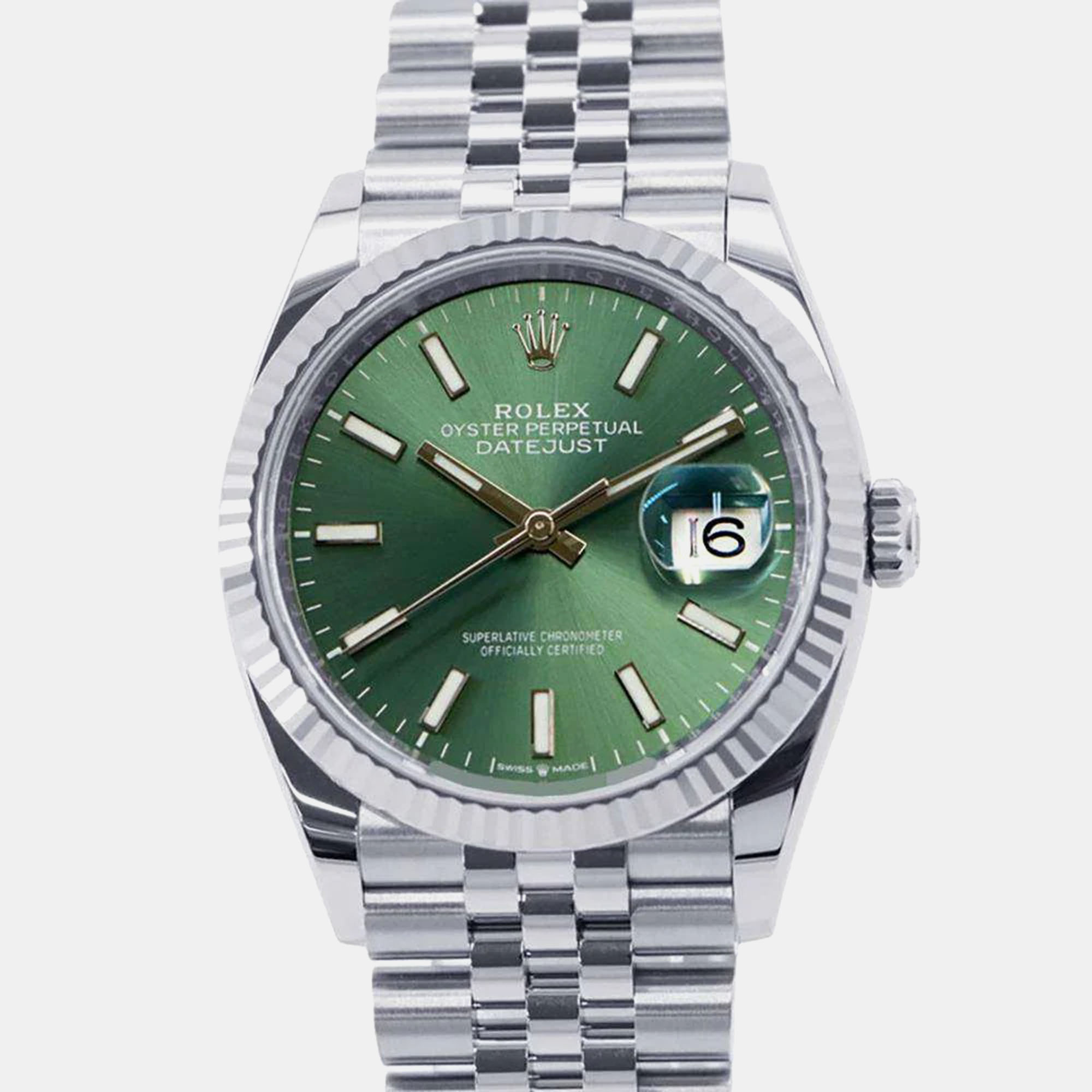 

Rolex Green 18k White Gold Stainless Steel Datejust 126234 Automatic Men's Wristwatch 36 mm