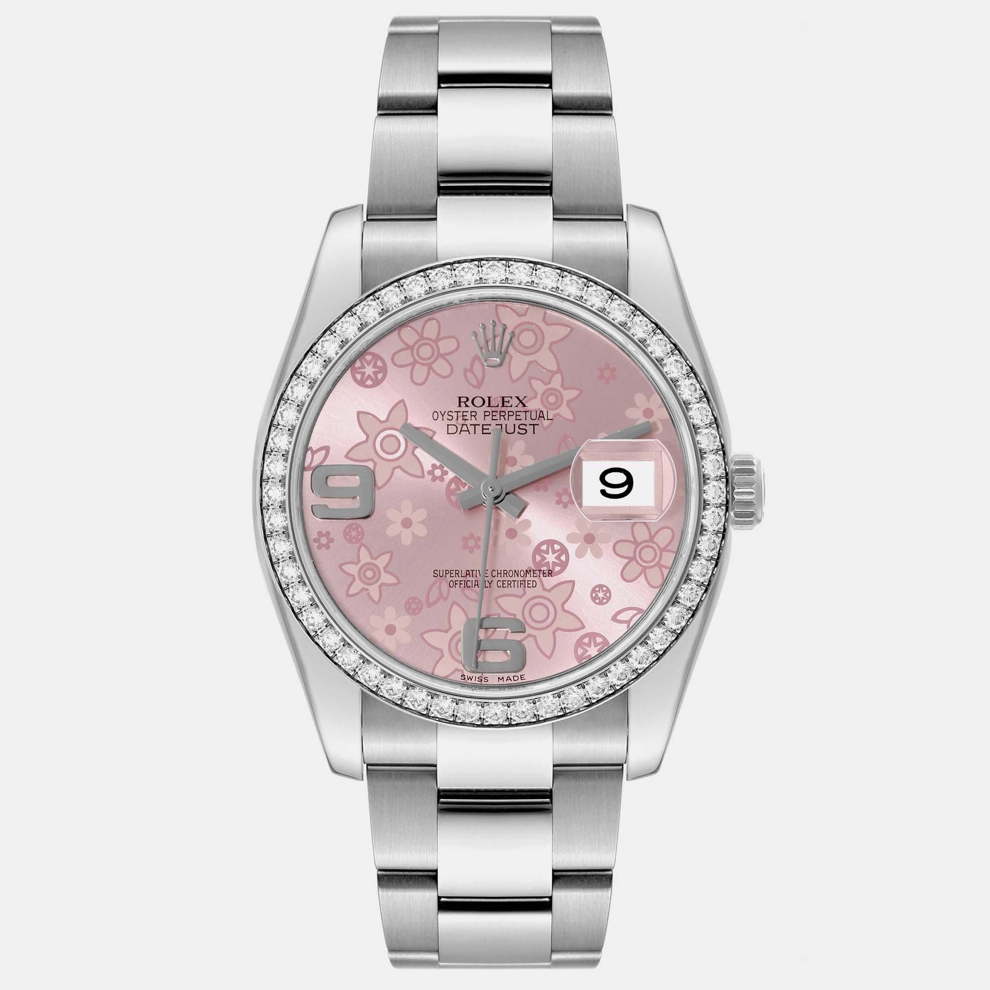 

Rolex Datejust Pink Flower Dial Diamond Bezel Steel Watch 116244 36 mm