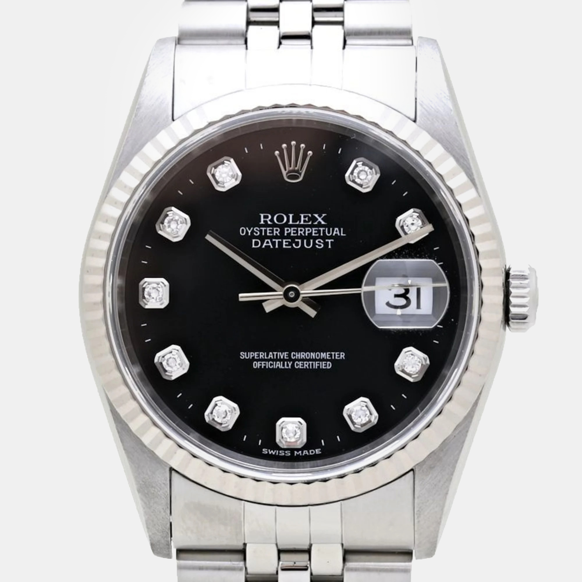 

Rolex Black Diamond 18k White Gold Stainless Steel Datejust Automatic Men's Wristwatch 36 mm