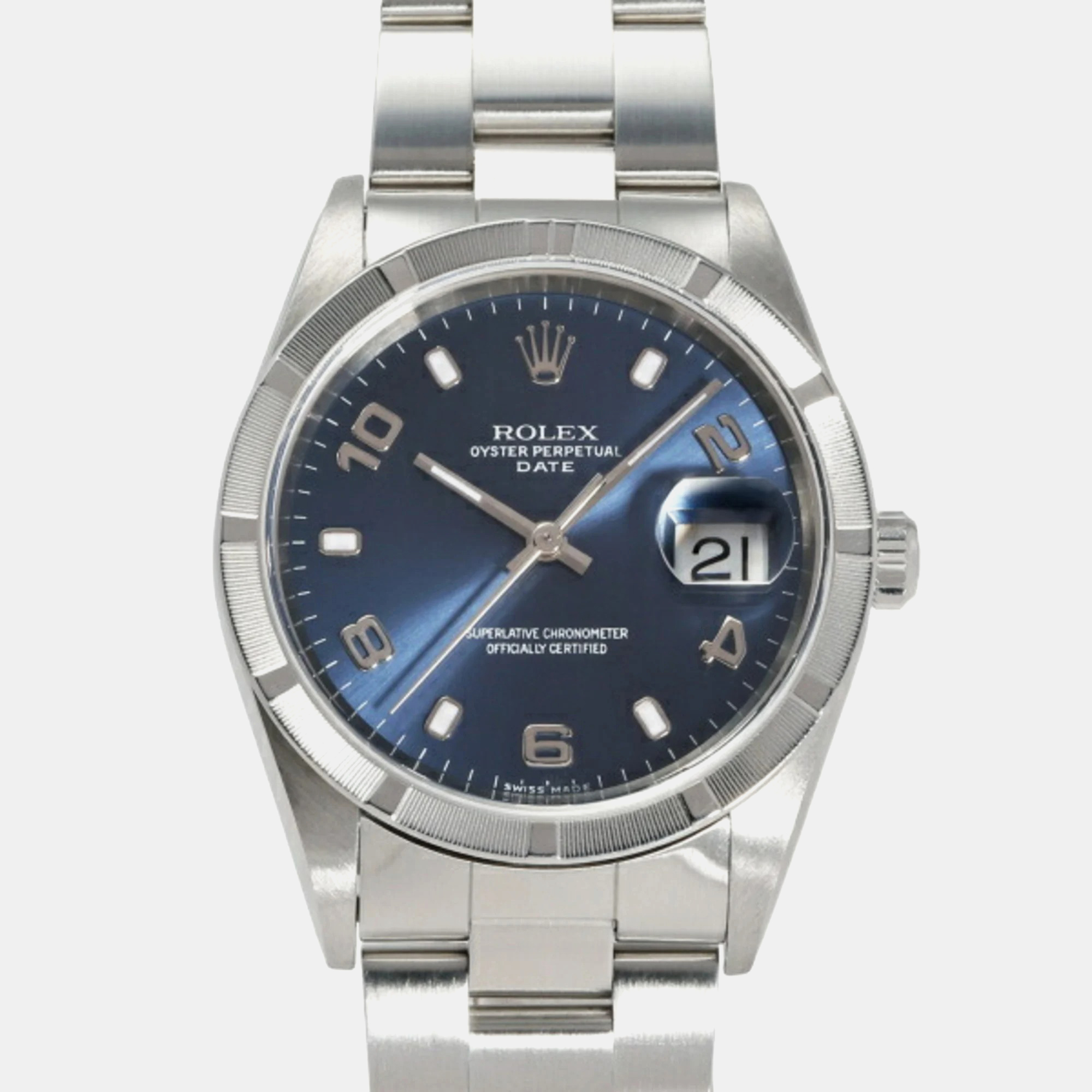 

Rolex Blue Stainless Steel Oyster Perpetual Date 15210 Men's Wristwatch 34 mm