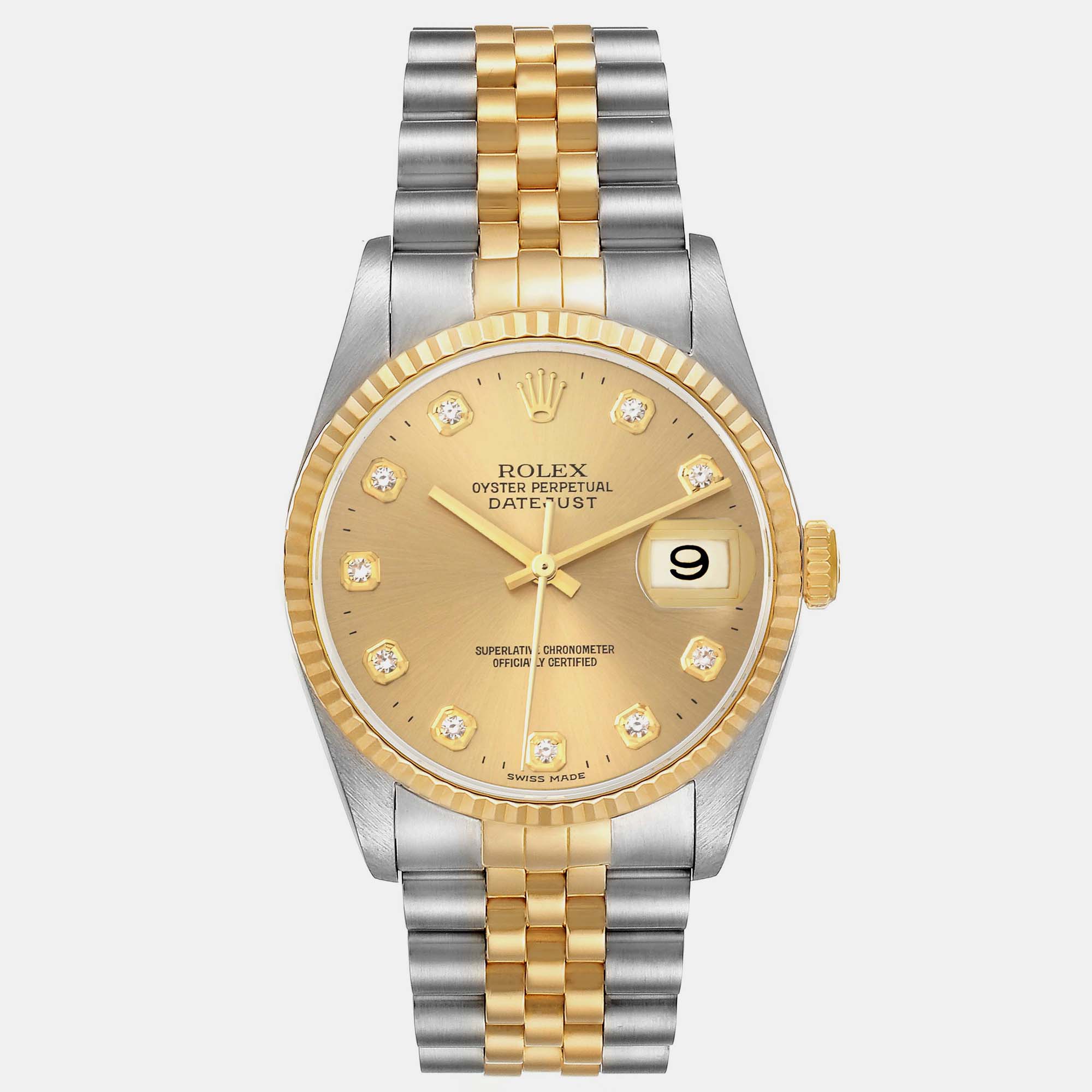 Pre-owned Rolex Datejust Steel Yellow Gold Diamond Dial Men's Watch 16233 36 Mm