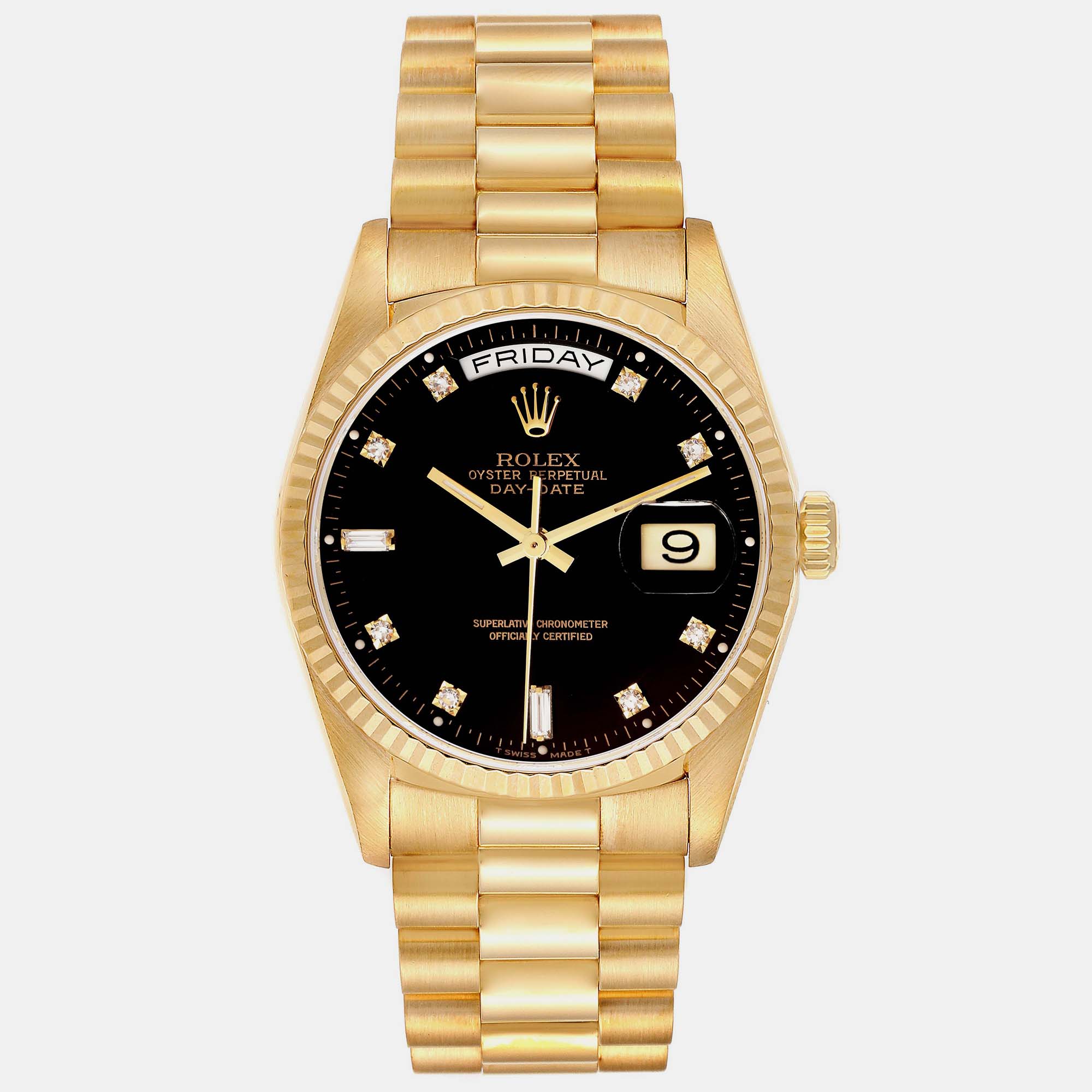 

Rolex President Day Date Yellow Gold Black Diamond Dial Men's Watch 36.0 mm