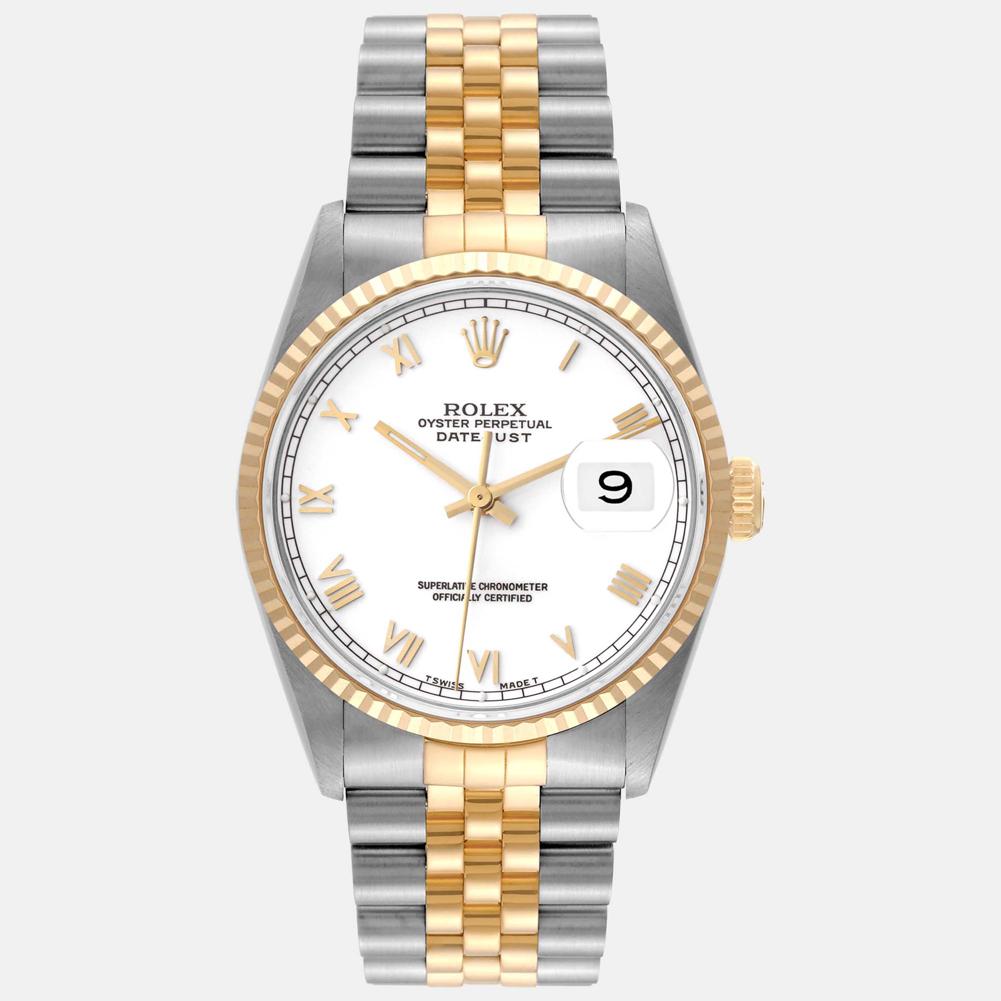 

Rolex Datejust White Roman Dial Steel Yellow Gold Mens Watch 16233