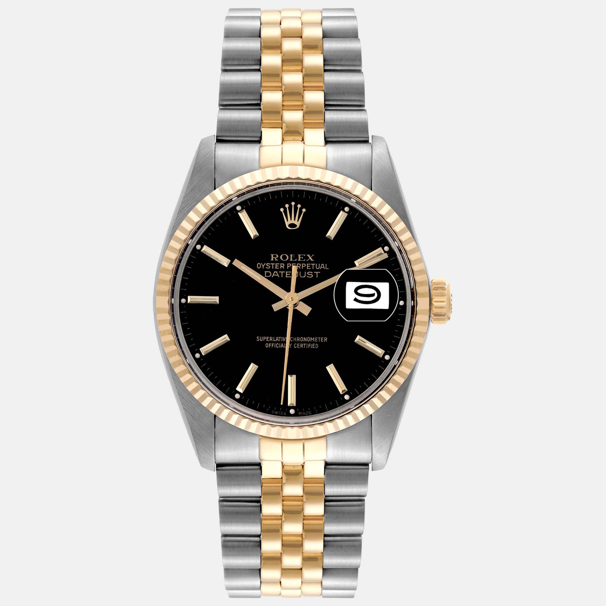 

Rolex Datejust Black Dial Steel Yellow Gold Vintage Men's Watch 16013 36 mm