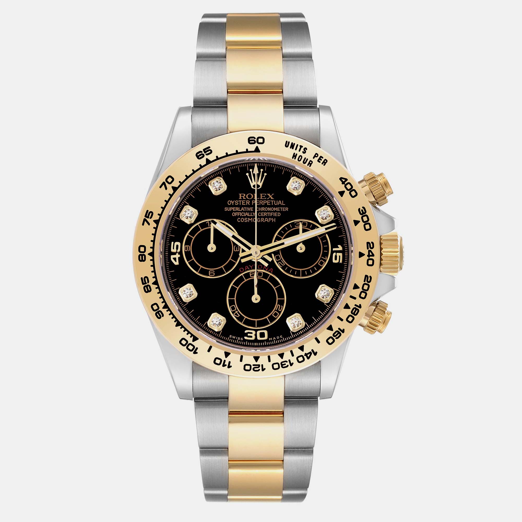 

Rolex Daytona Steel Yellow Gold Serti Diamond Dial Mens Watch 116503, Black