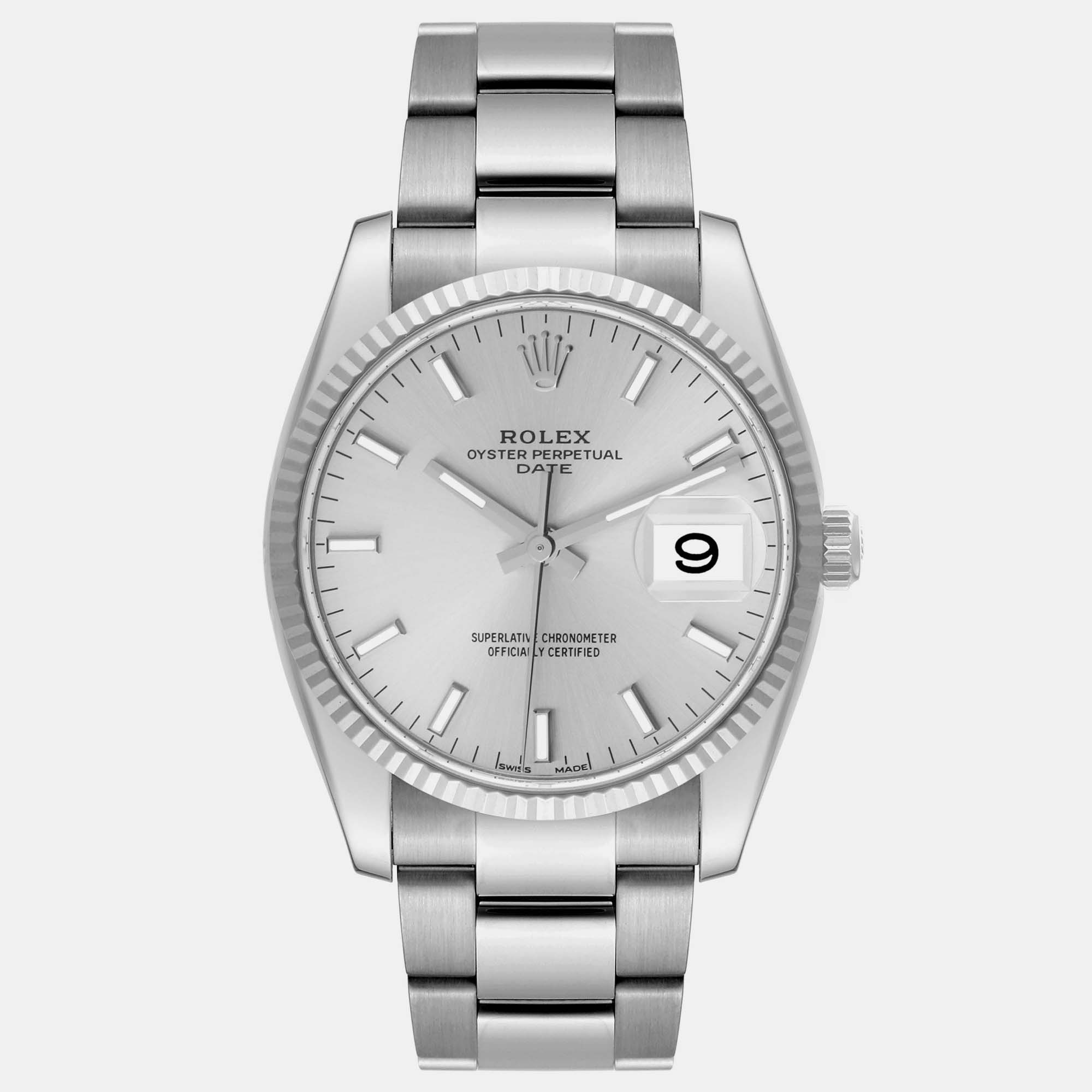 

Rolex Date 36 Steel White Gold Silver Dial Mens Watch 115234