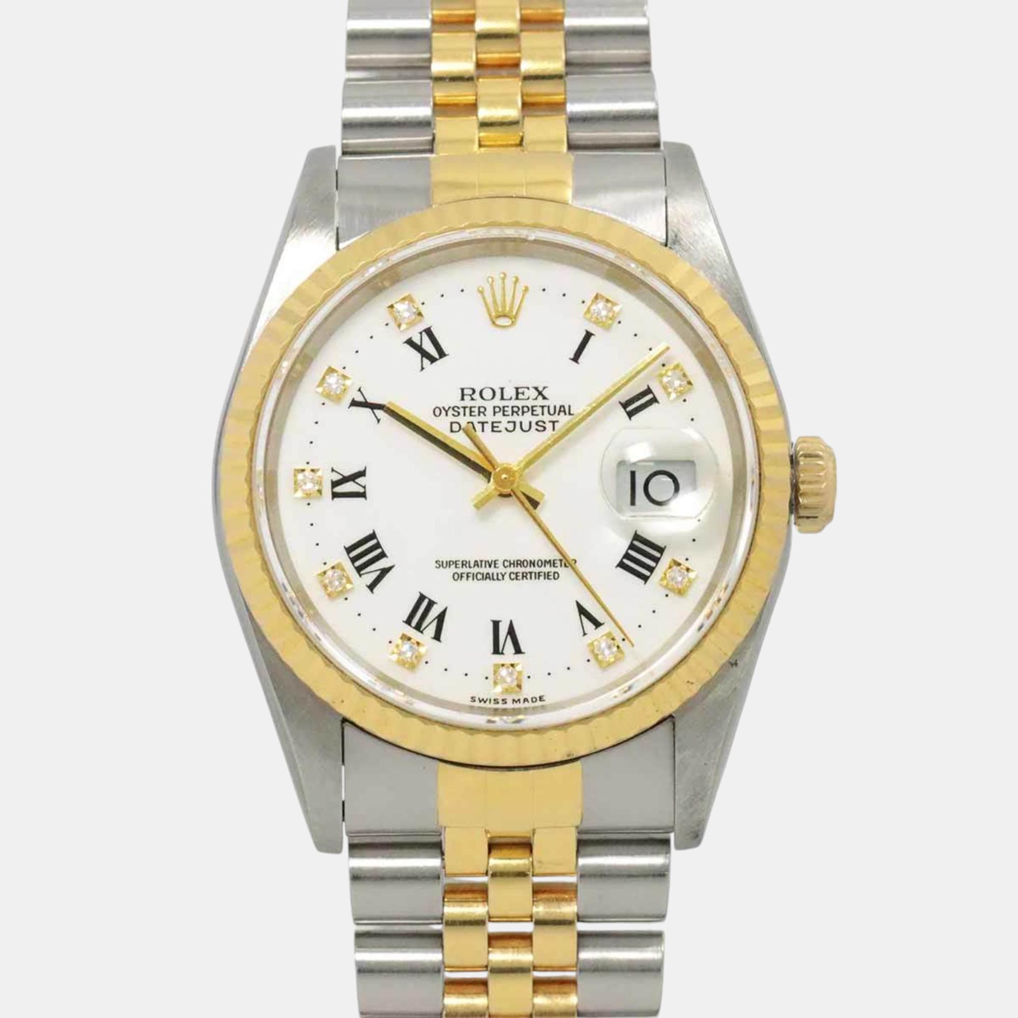 Pre-owned Rolex Diamond White 18k Yellow Gold Automatic Datejust 16233g U-number Men's Watch